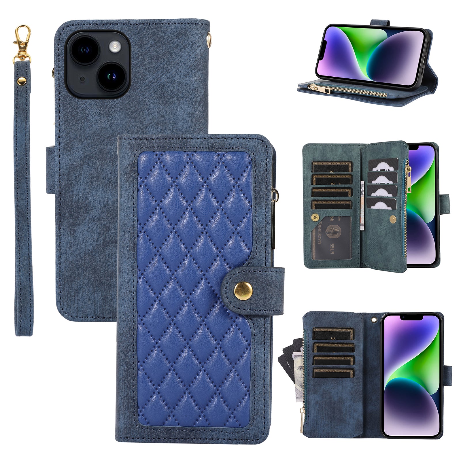 For iPhone 14 Plus Multiple Card Slots Phone Leather Case Rhombus Stand Cover with Zipper Pocket