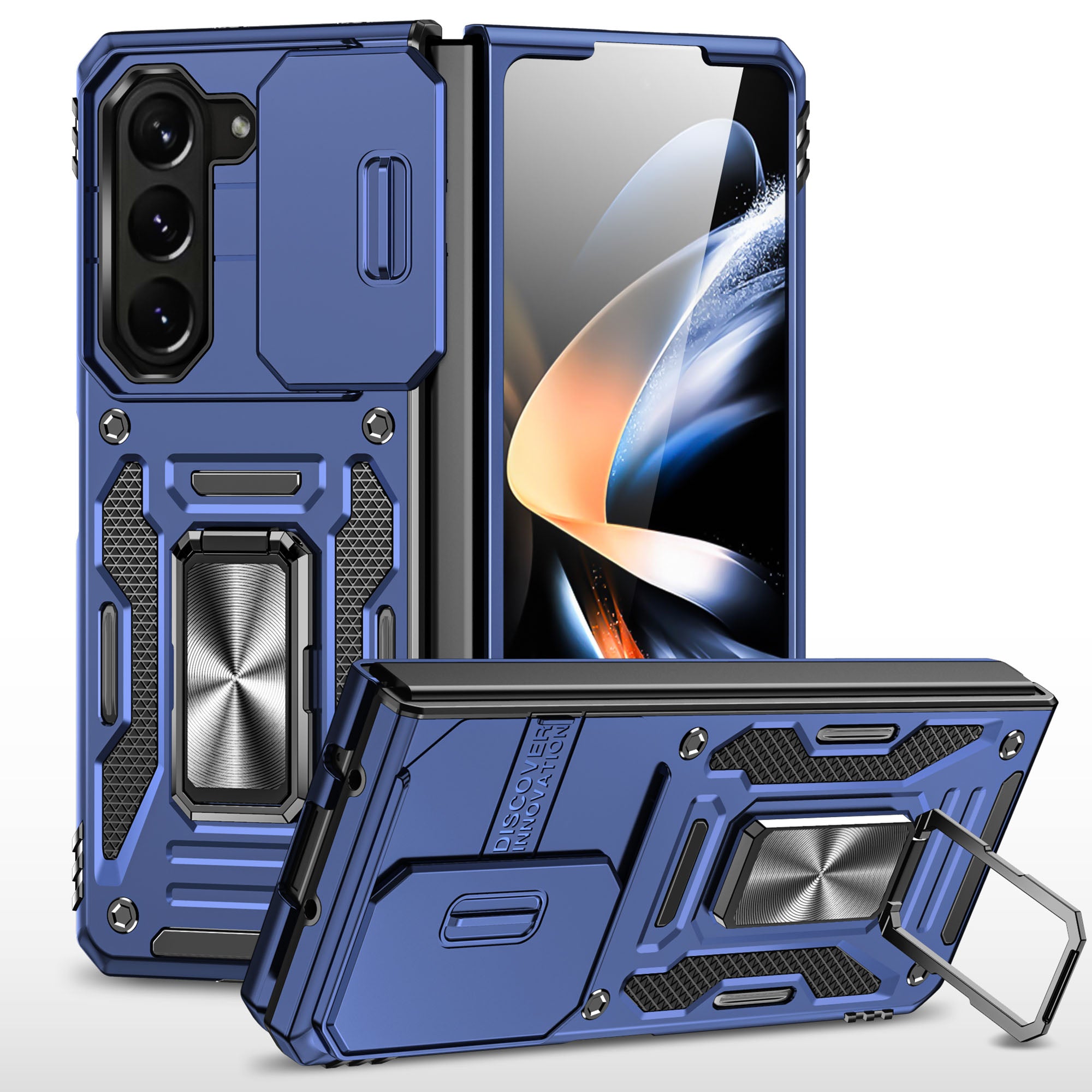 For Samsung Galaxy Z Fold5 5G Armor Series PC TPU Phone Case Metal Kickstand Cover with Slide Camera Lid