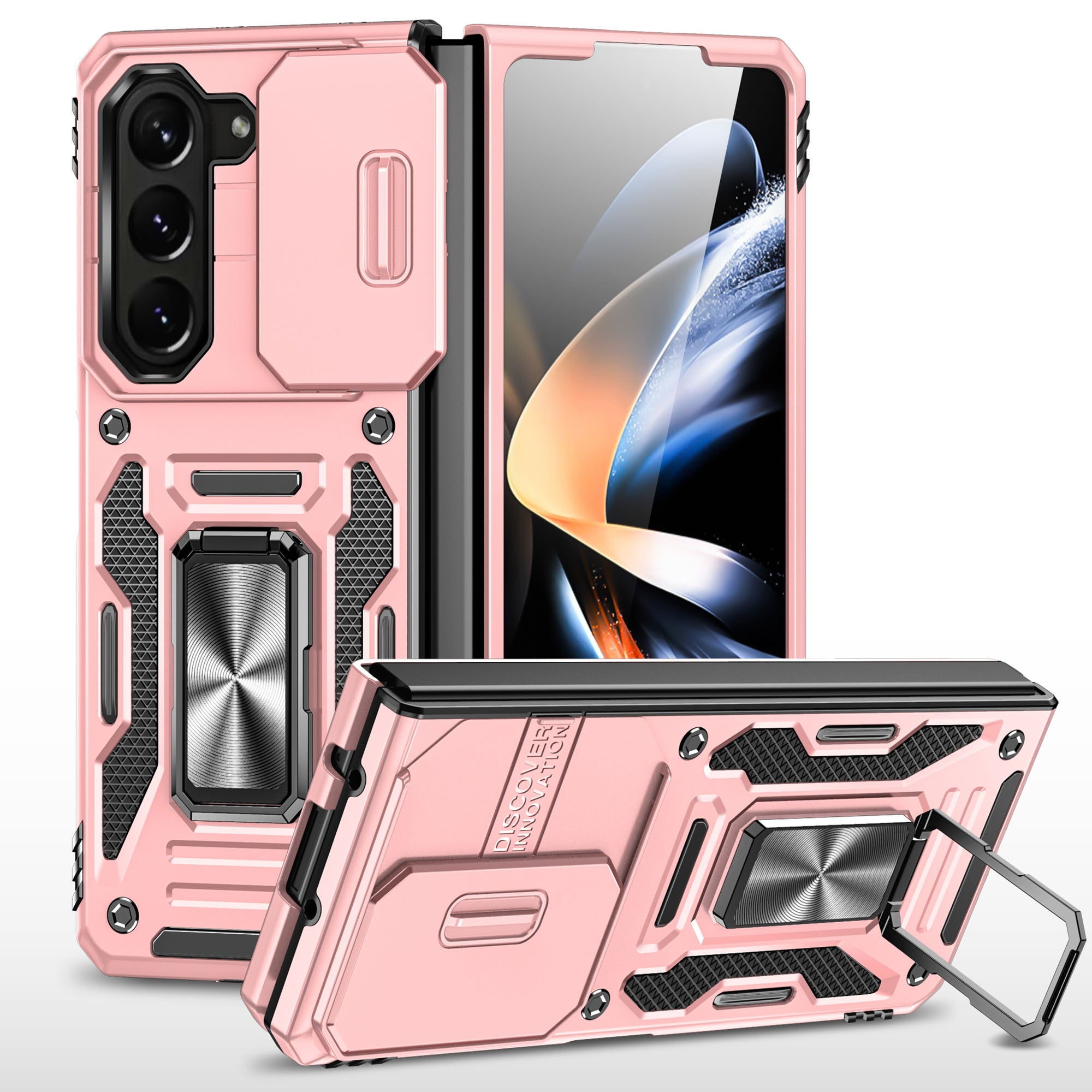 For Samsung Galaxy Z Fold5 5G Armor Series PC TPU Phone Case Metal Kickstand Cover with Slide Camera Lid