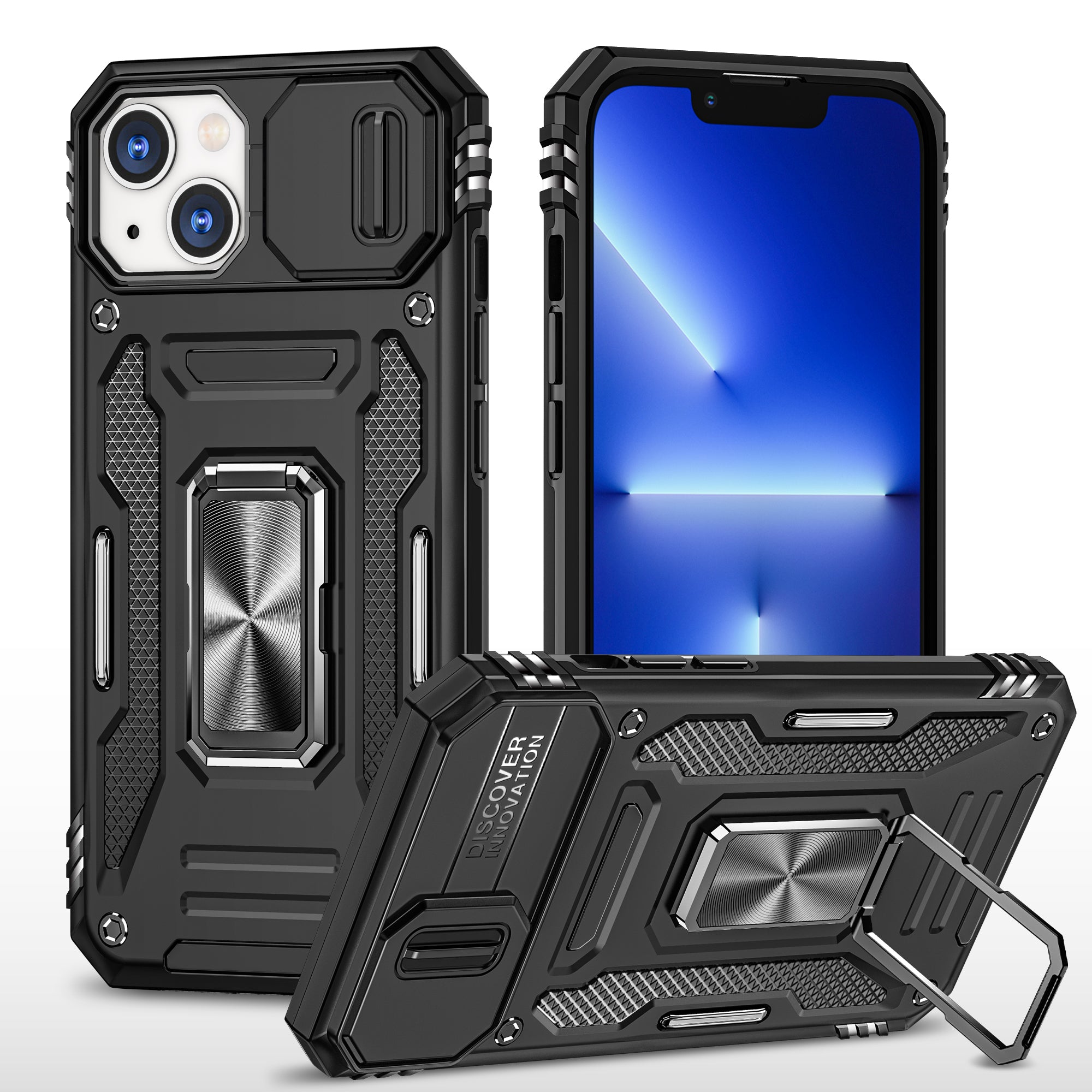 Armor Series For iPhone 15 Metal Kickstand Back Cover Slide Camera Shield PC TPU Phone Case