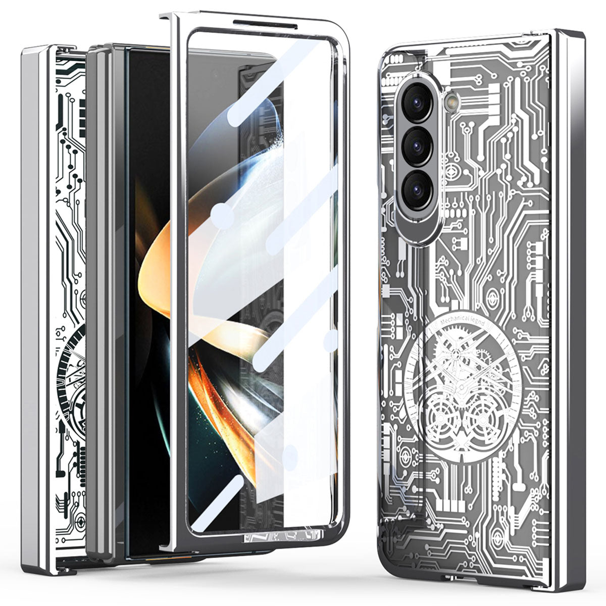 Mechanical Legend Series For Samsung Galaxy Z Fold5 5G Electroplating Phone Case All-Inclusive PC Cover with Tempered Glass Film