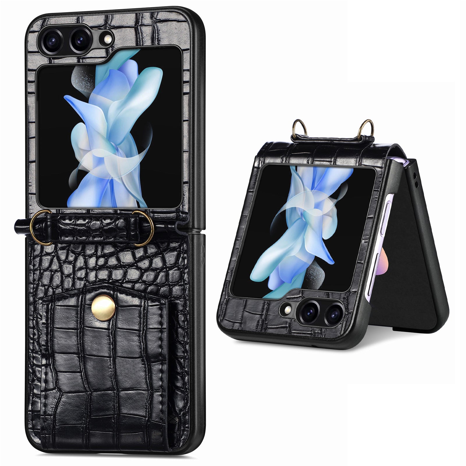 For Samsung Galaxy Z Flip5 5G Leather PC Crocodile Texture Phone Case Card Slots Kickstand RFID Blocking Cover with Shoulder Strap