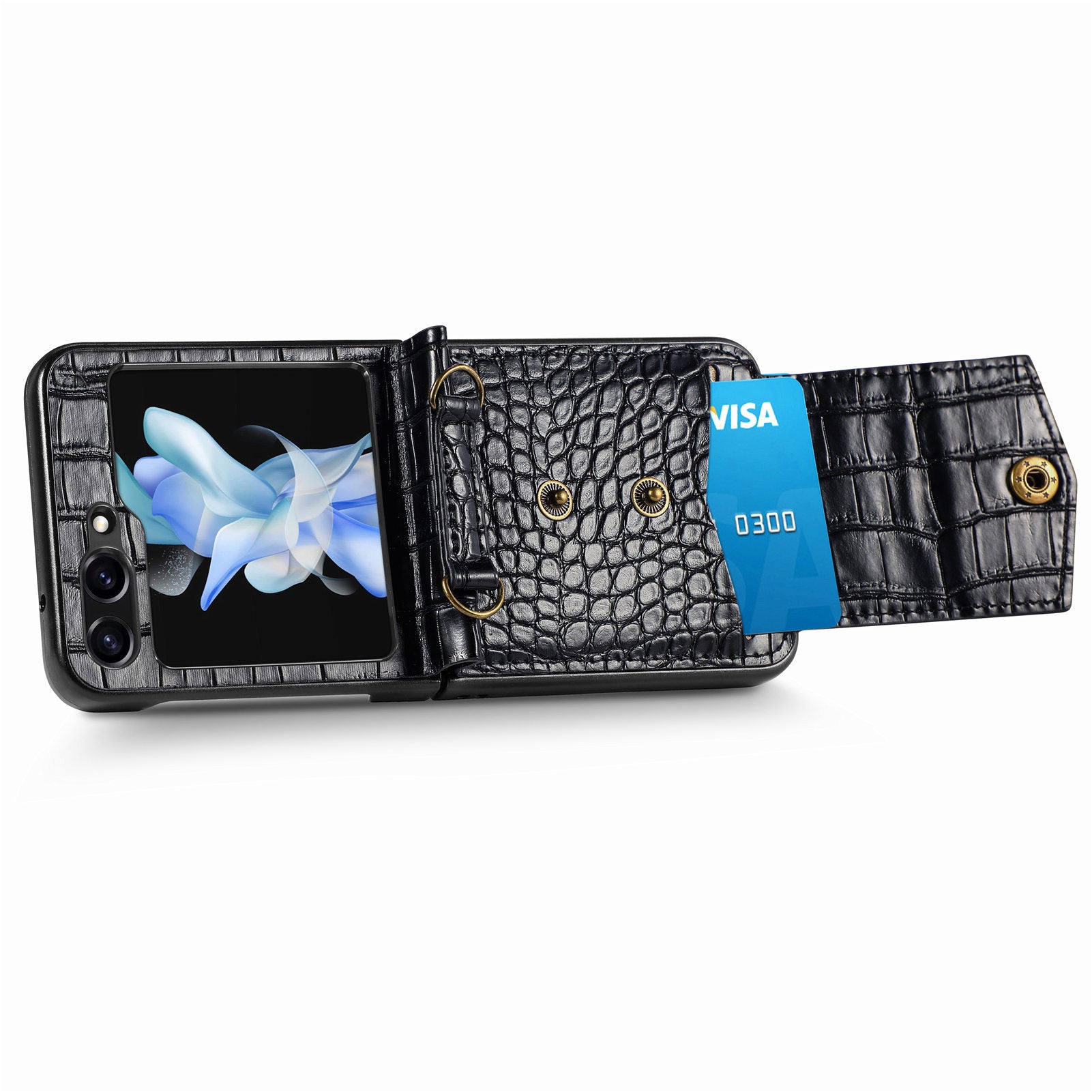 For Samsung Galaxy Z Flip5 5G Leather PC Crocodile Texture Phone Case Card Slots Kickstand RFID Blocking Cover with Shoulder Strap