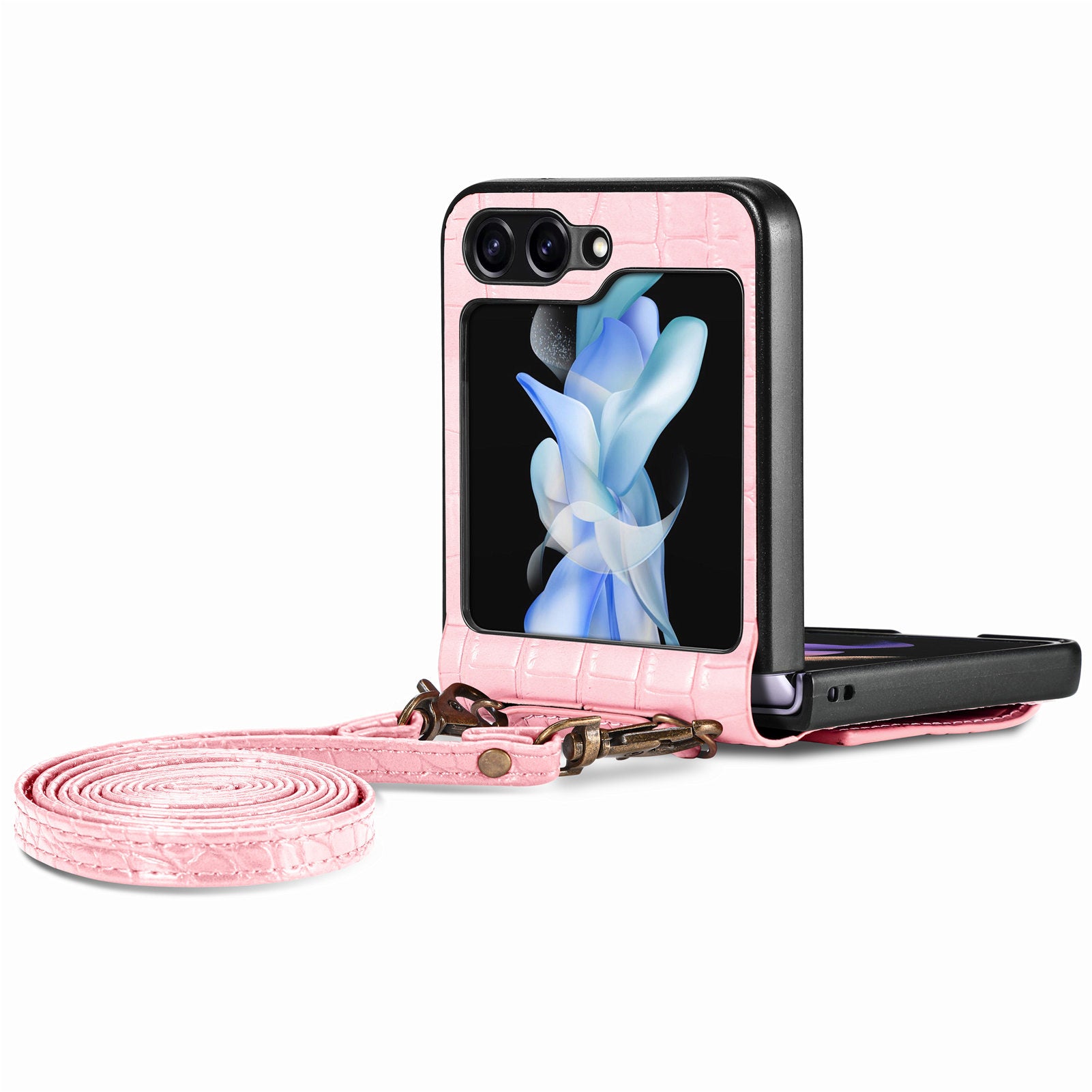 For Samsung Galaxy Z Flip5 5G Leather PC Crocodile Texture Phone Case Card Slots Kickstand RFID Blocking Cover with Shoulder Strap