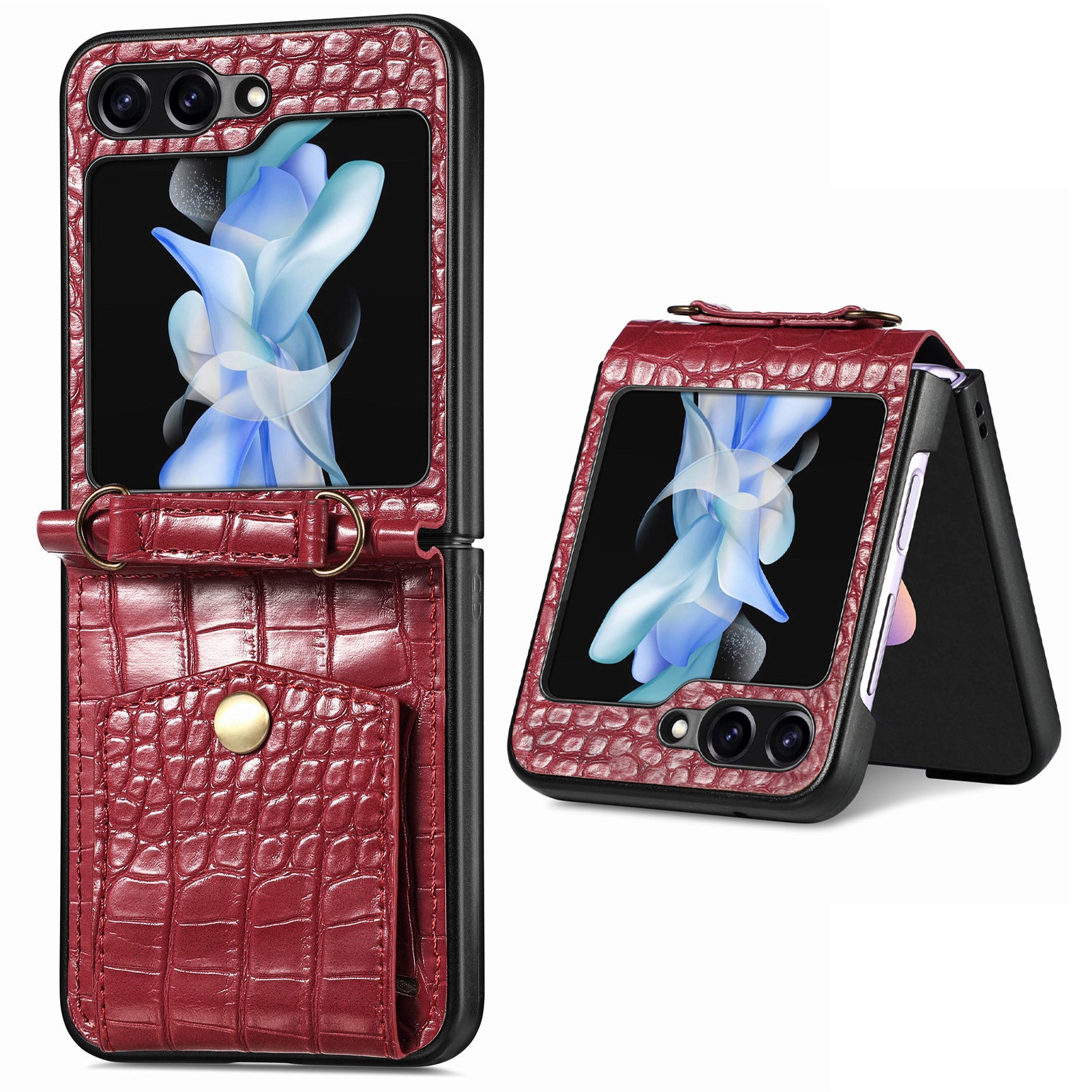 For Samsung Galaxy Z Flip5 5G Leather PC Crocodile Texture Phone Case Card Slots Kickstand RFID Blocking Cover with Shoulder Strap