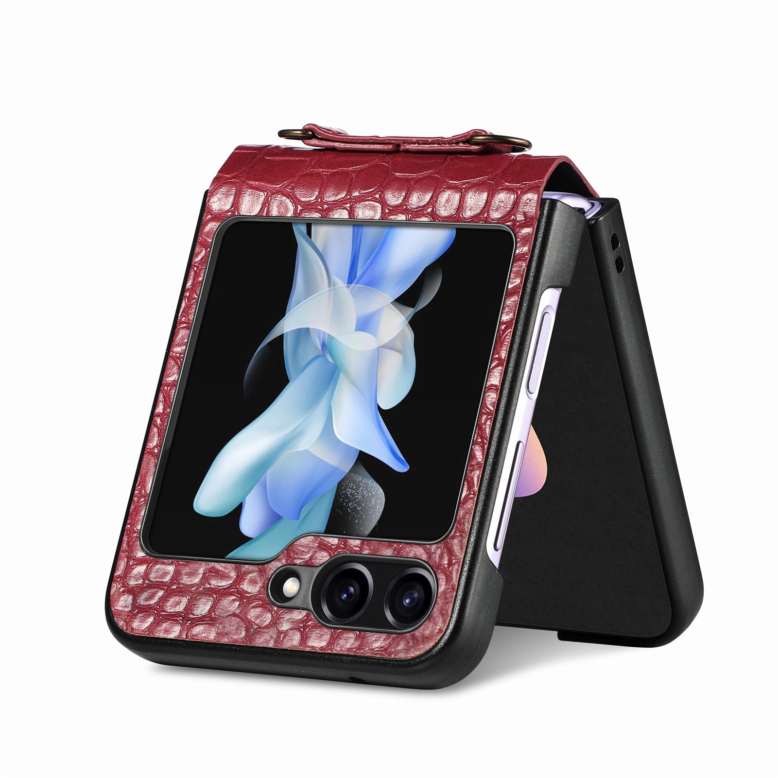 For Samsung Galaxy Z Flip5 5G Leather PC Crocodile Texture Phone Case Card Slots Kickstand RFID Blocking Cover with Shoulder Strap