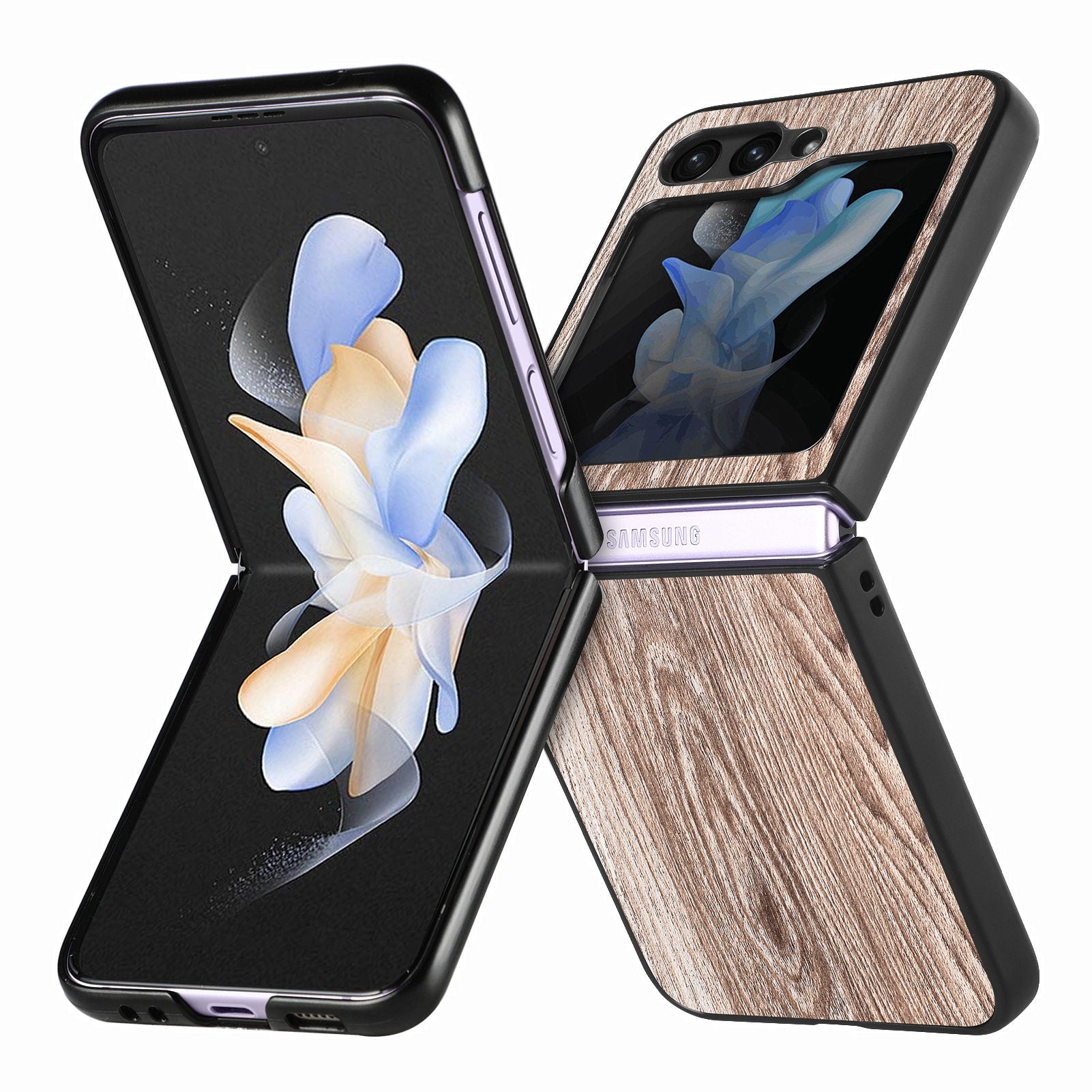 Pouzdro na telefon s dřevěnou texturou pro Samsung Galaxy Z Flip5 5G pevný kryt na PC potažený PU kůží