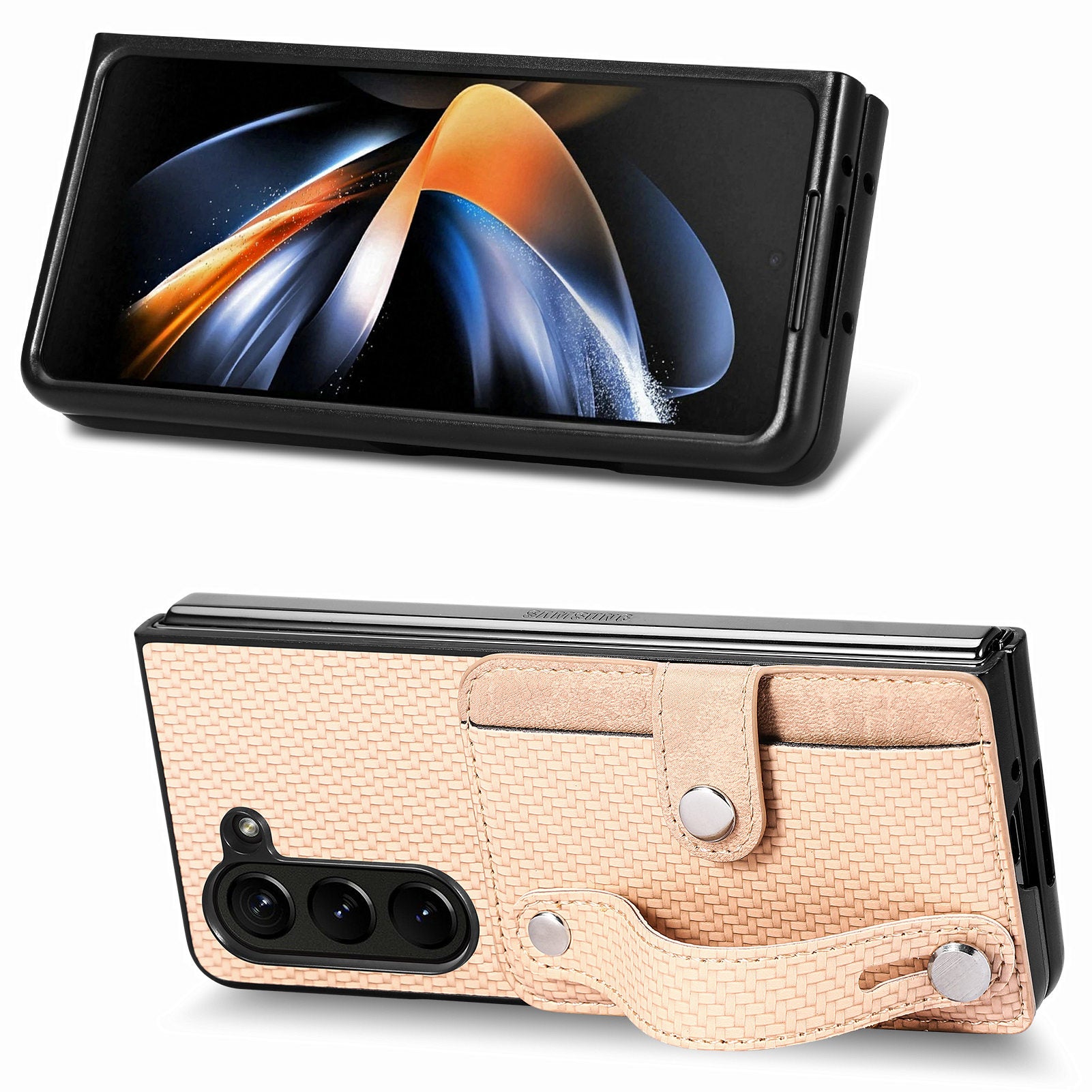For Samsung Galaxy Z Fold5 5G PU Leather PC Phone Case Carbon Fiber Texture Wristband Kickstand Cover