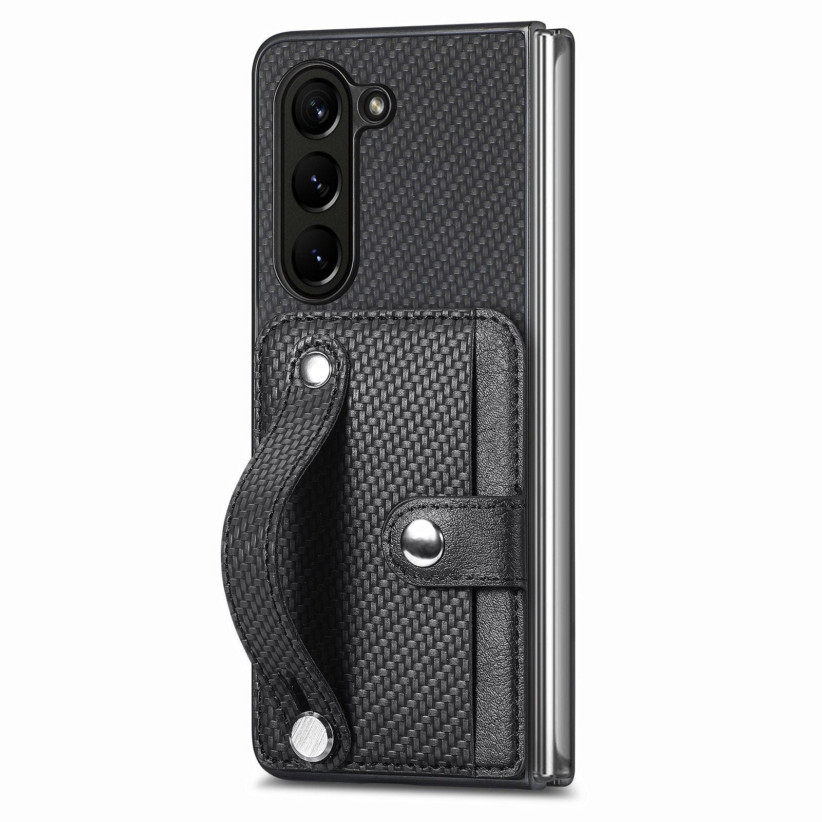 For Samsung Galaxy Z Fold5 5G PU Leather PC Phone Case Carbon Fiber Texture Wristband Kickstand Cover
