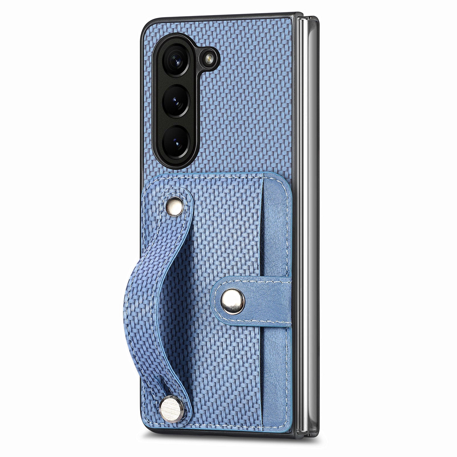 For Samsung Galaxy Z Fold5 5G PU Leather PC Phone Case Carbon Fiber Texture Wristband Kickstand Cover