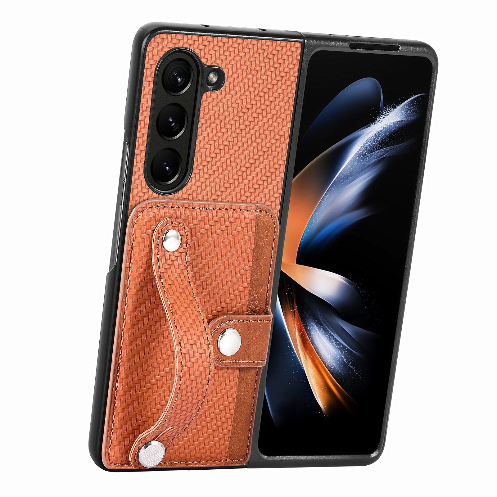 For Samsung Galaxy Z Fold5 5G PU Leather PC Phone Case Carbon Fiber Texture Wristband Kickstand Cover