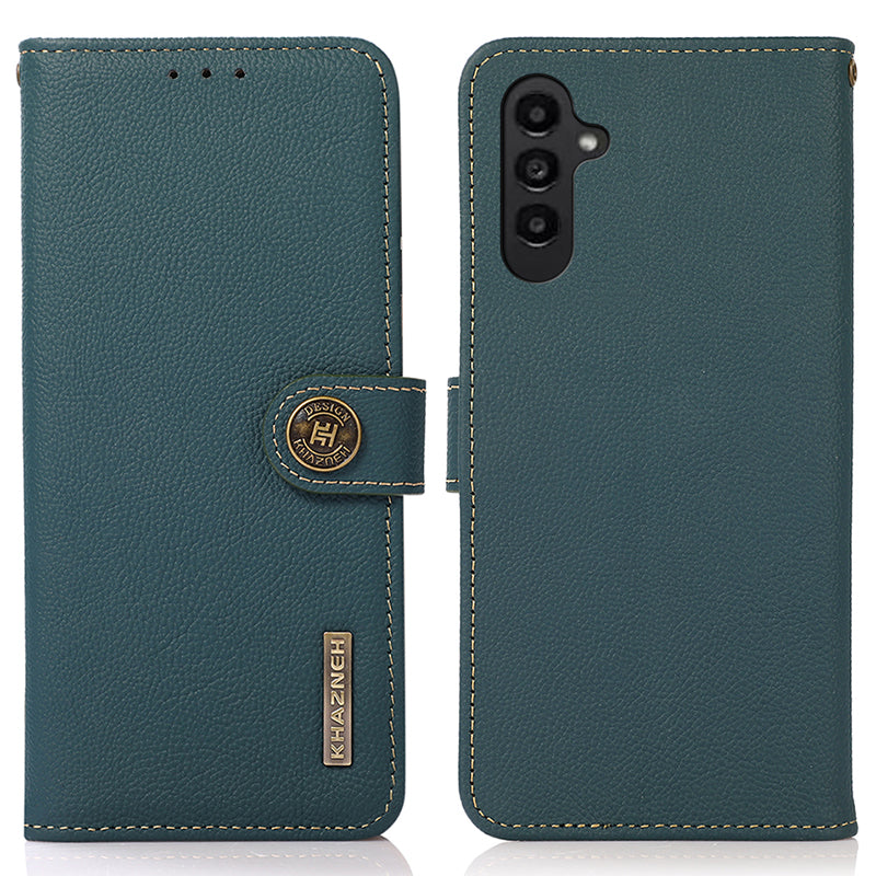 KHAZNEH For Samsung Galaxy S23 FE RFID Blocking Phone Case Genuine Cow Leather Stand Wallet Cover