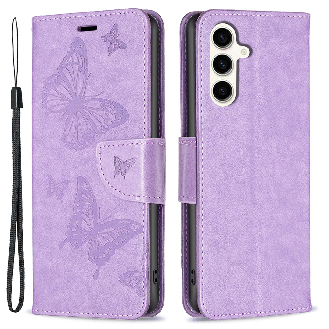 For Samsung Galaxy S23 FE Phone Flip Stand Wallet Case Butterfly Imprinted Leather Cover with Strap