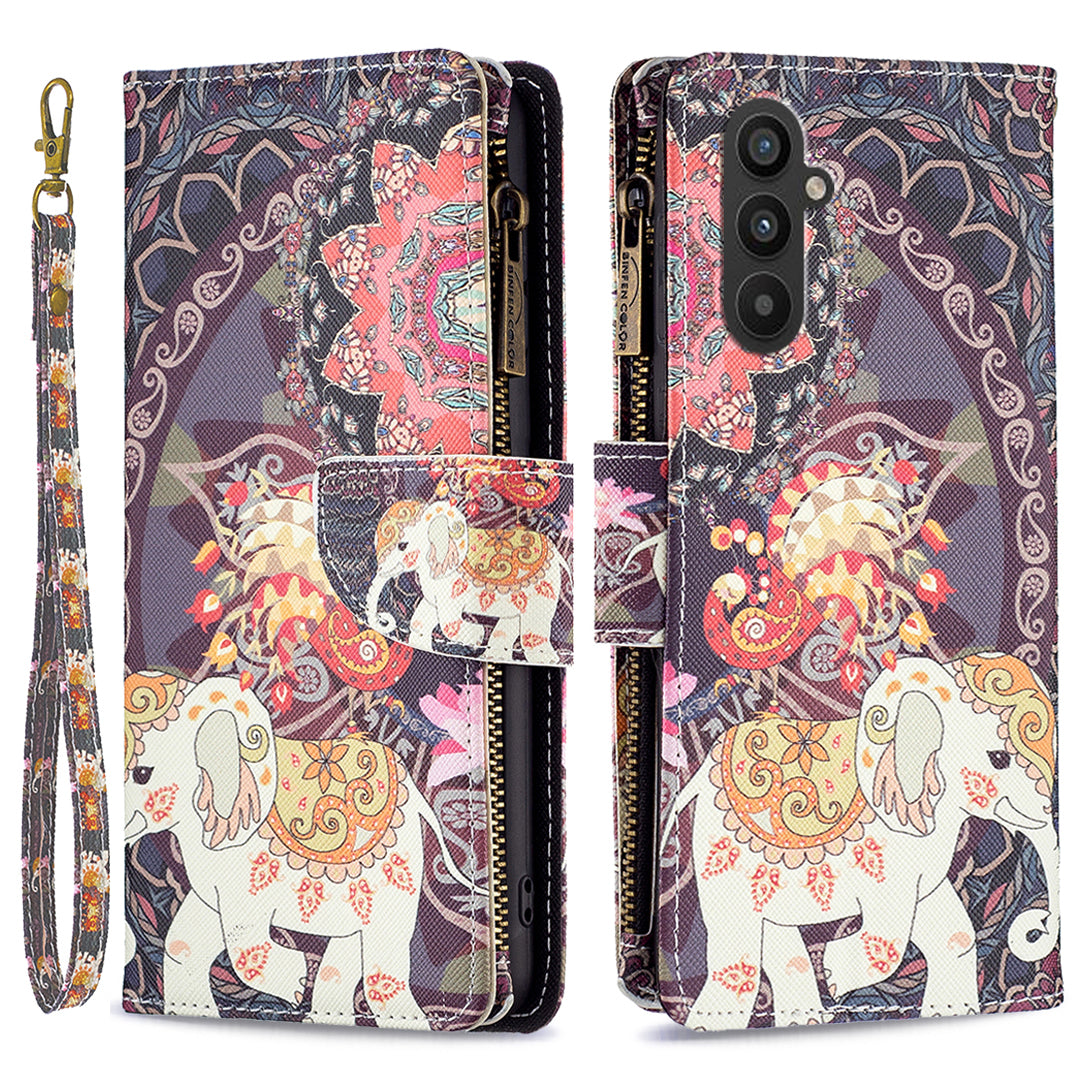 BF03 Leather Wallet Case for Samsung Galaxy A25 5G Pattern Printing Zipper Pocket Stand Phone Cover
