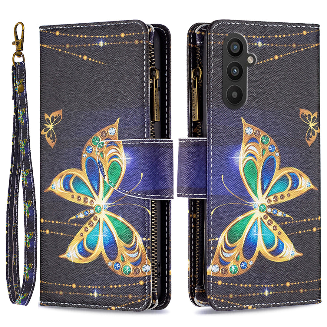 BF03 Leather Wallet Case for Samsung Galaxy A25 5G Pattern Printing Zipper Pocket Stand Phone Cover