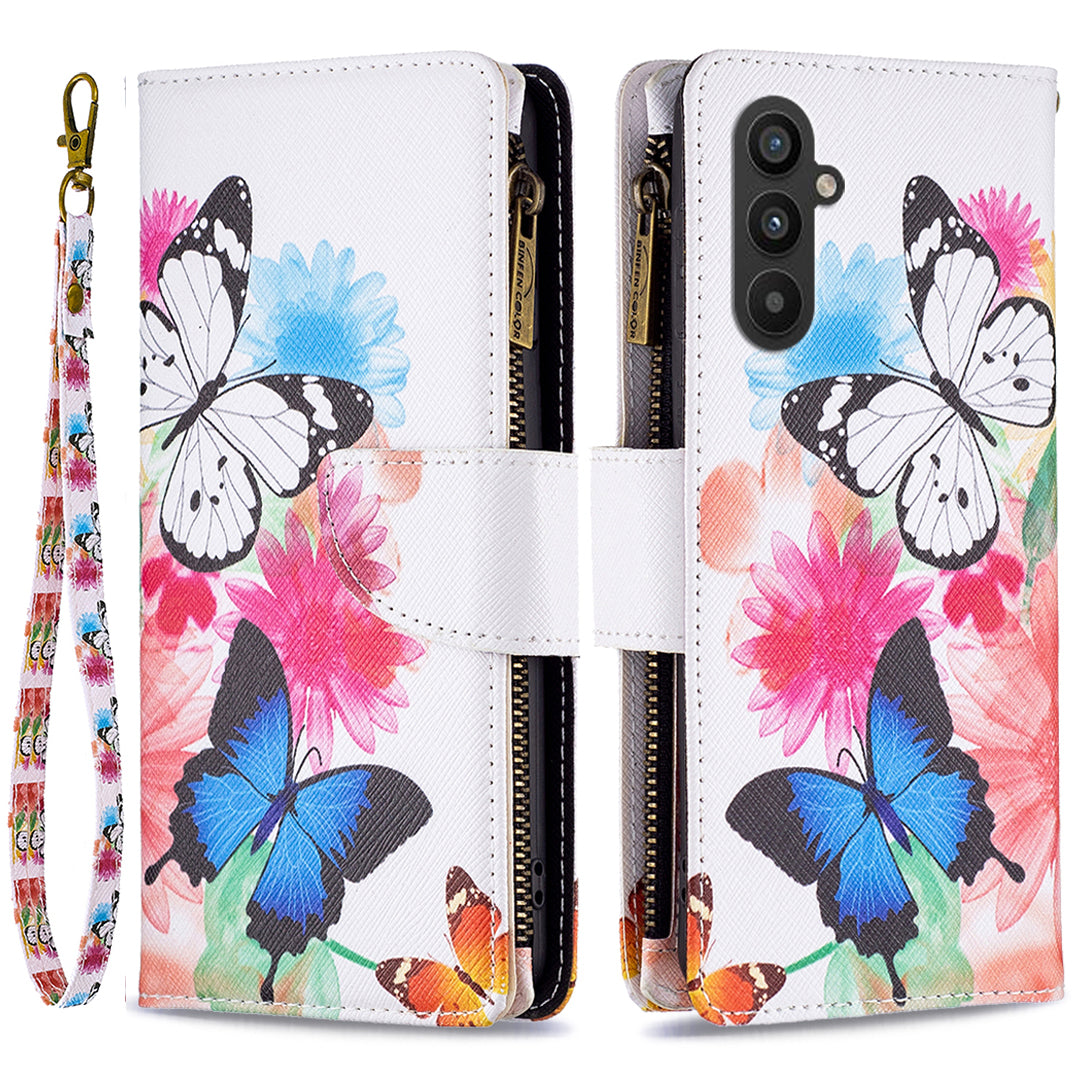 BF03 Leather Wallet Case for Samsung Galaxy A25 5G Pattern Printing Zipper Pocket Stand Phone Cover