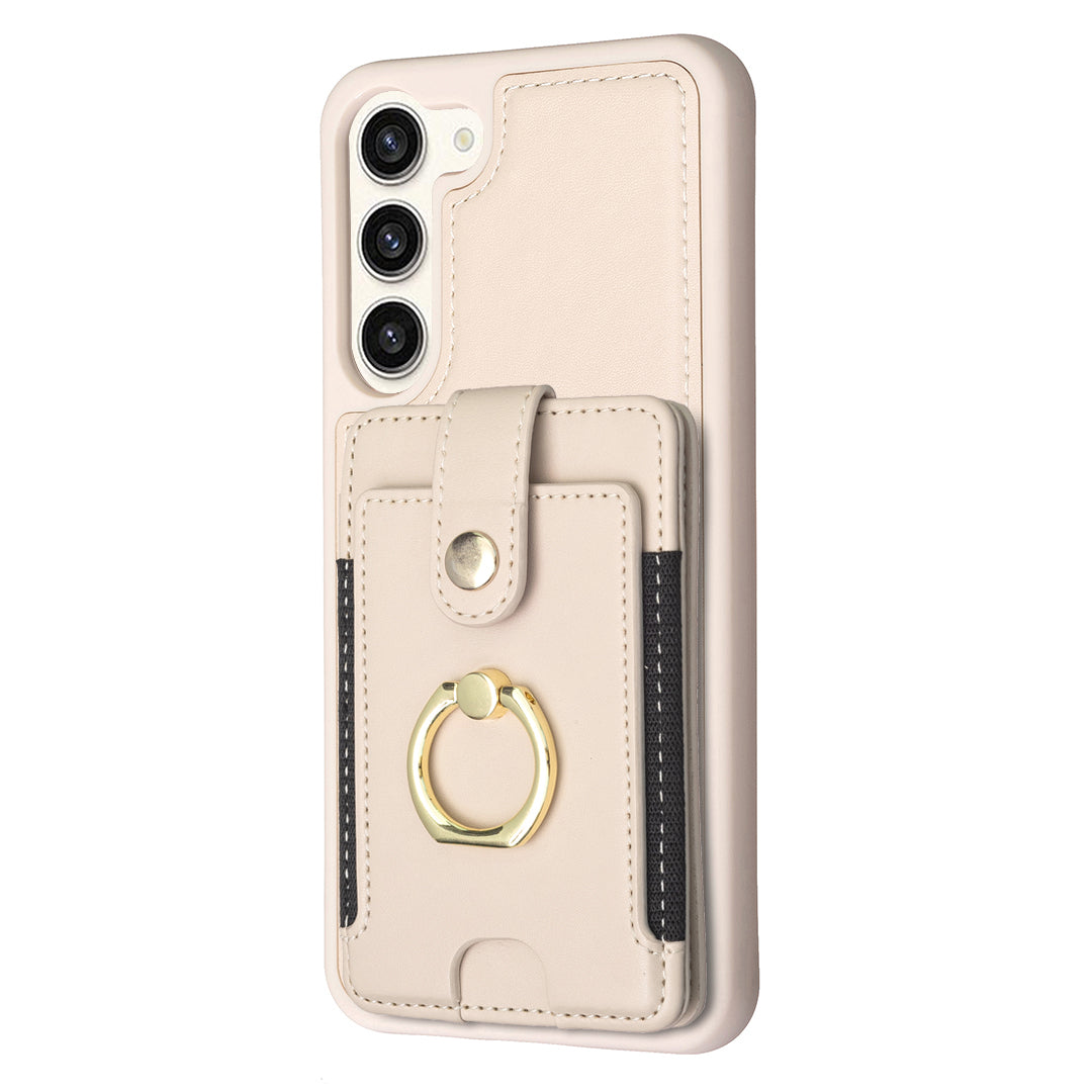BF27 For Samsung Galaxy S23 PU Leather Coated TPU Phone Case Ring Kickstand Card Slot Cover