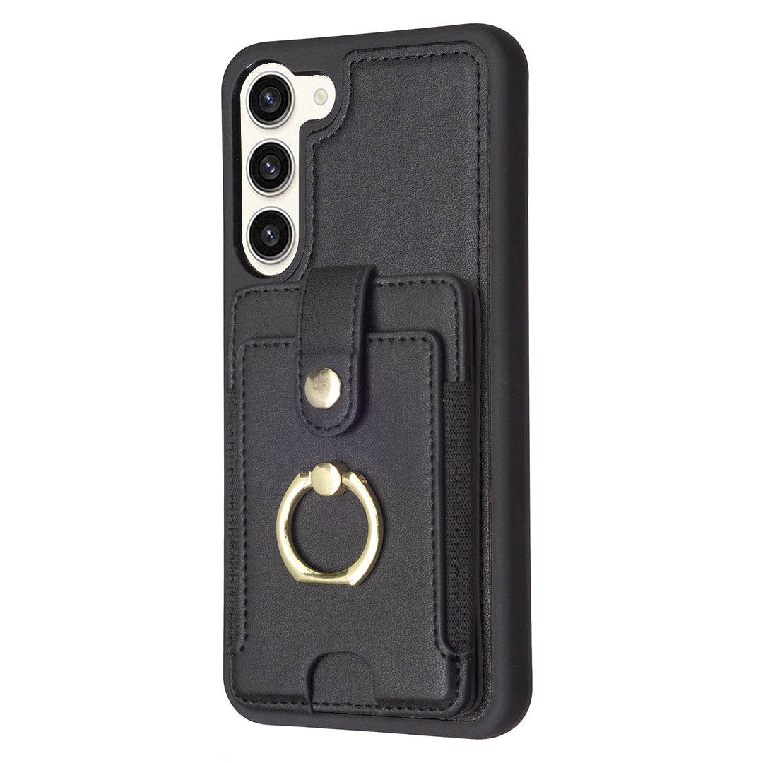 BF27 For Samsung Galaxy S23 PU Leather Coated TPU Phone Case Ring Kickstand Card Slot Cover