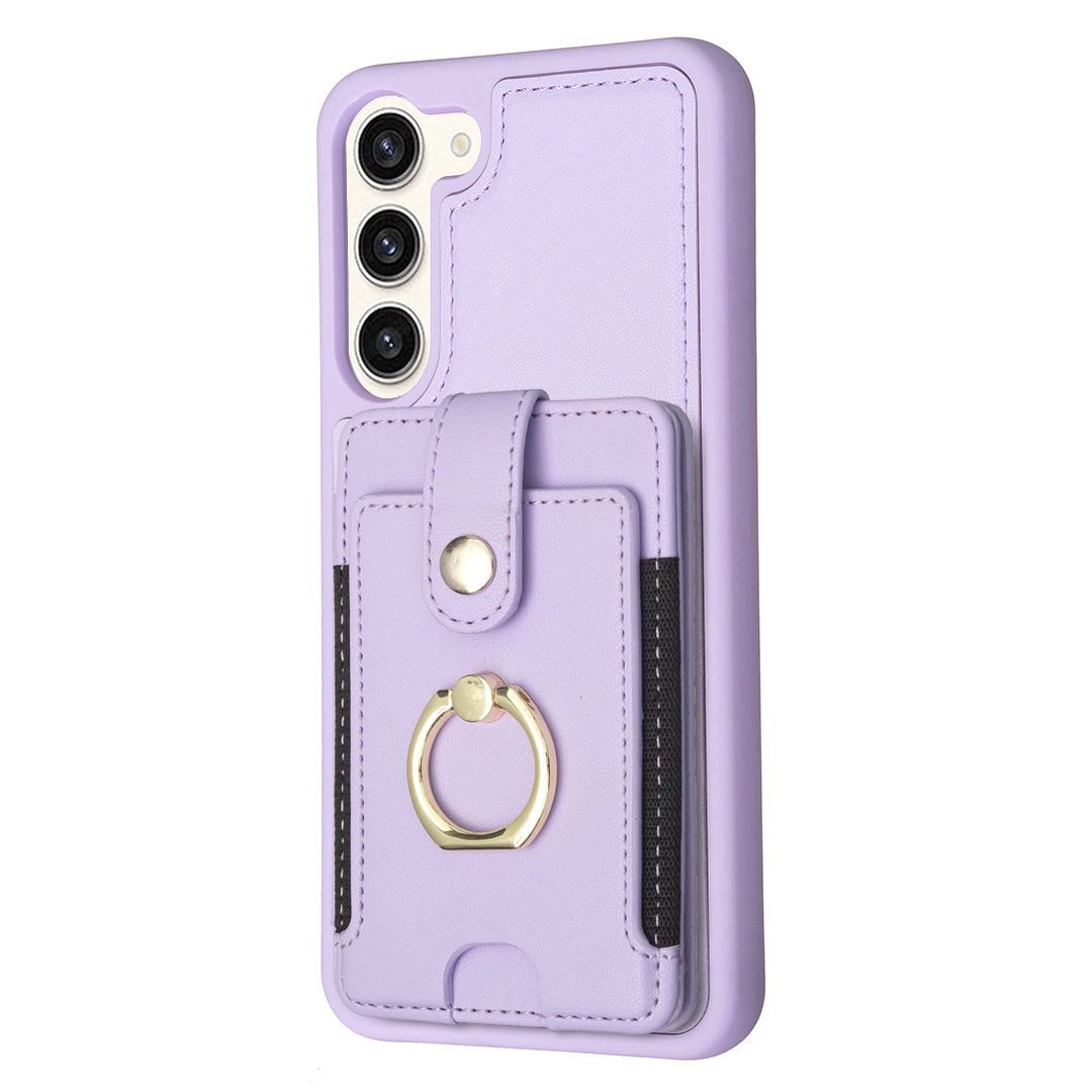 BF27 For Samsung Galaxy S23 PU Leather Coated TPU Phone Case Ring Kickstand Card Slot Cover