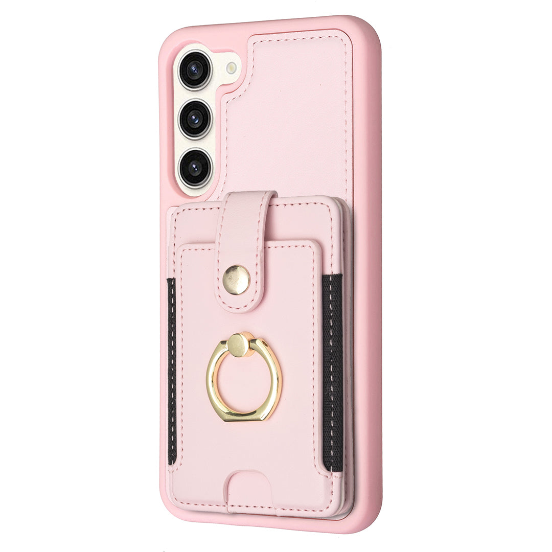 BF27 For Samsung Galaxy S23 PU Leather Coated TPU Phone Case Ring Kickstand Card Slot Cover