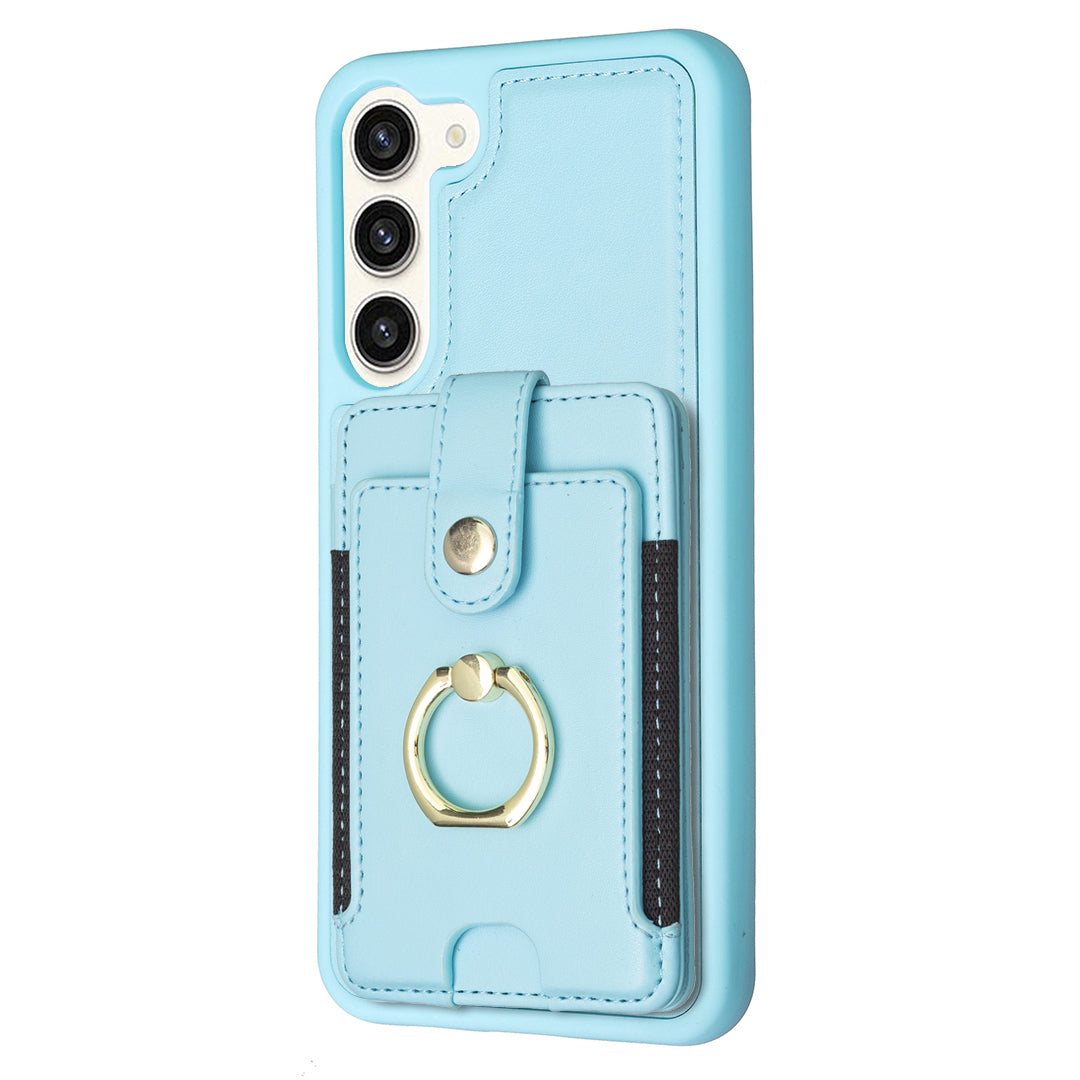 BF27 For Samsung Galaxy S23 PU Leather Coated TPU Phone Case Ring Kickstand Card Slot Cover