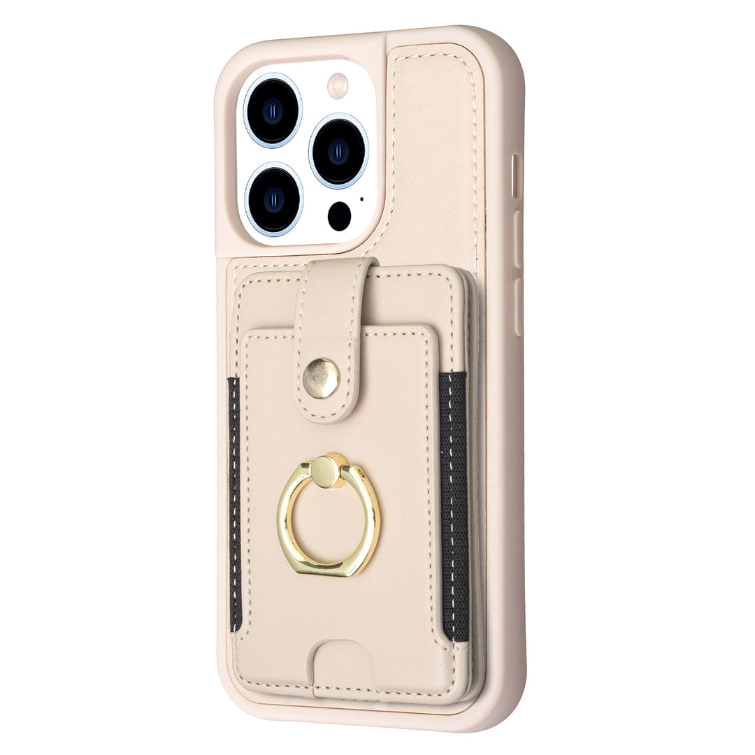 BF27 Card Slot Case for iPhone 13 Pro Max PU Leather Coated TPU Ring Kickstand Phone Cover