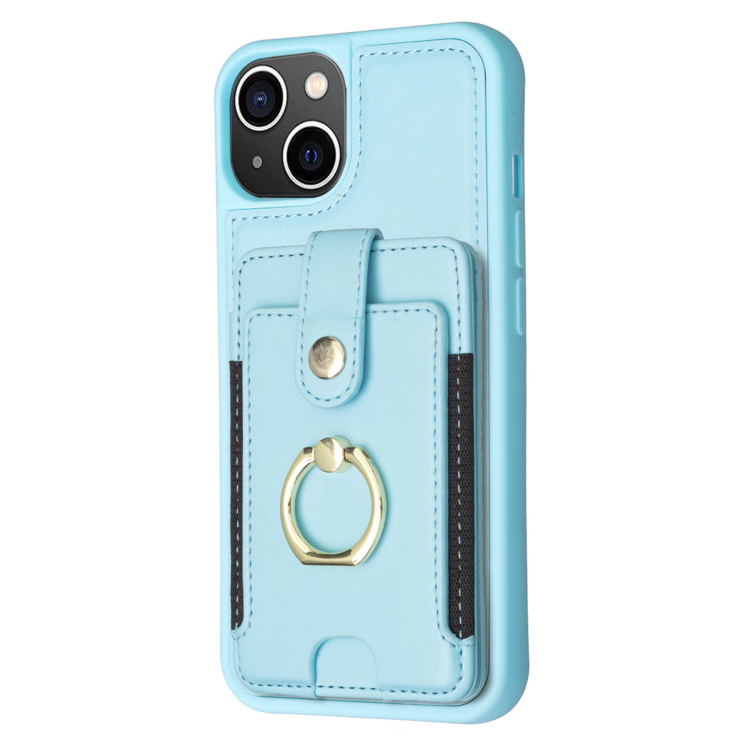 BF27 For iPhone 14 Plus Ring Holder Kickstand Case PU Leather Coated TPU Card Slots Phone Cover