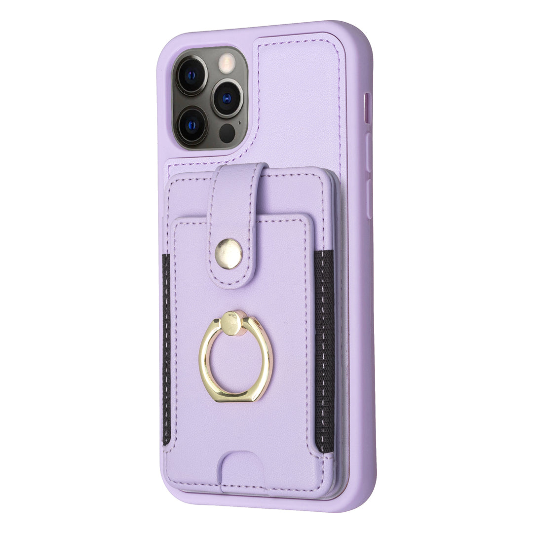 BF27 For iPhone 12/12 Pro 6.1 inch Shockproof Case Ring Kickstand PU TPU Phone Cover with Card Holder