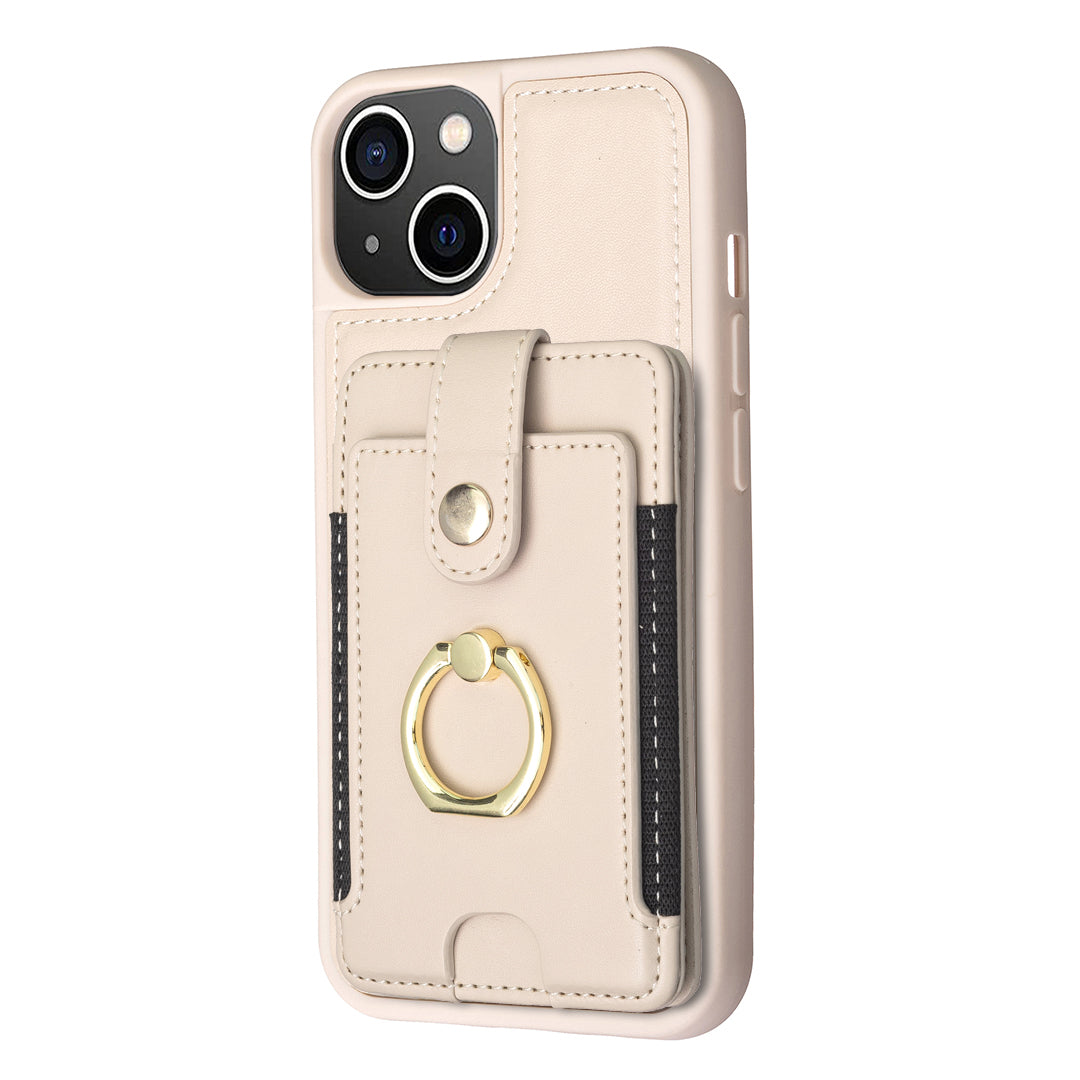 BF27 For iPhone 13 6.1 inch/iPhone 14 Protective Case Ring Kickstand Card Holder PU TPU Phone Cover