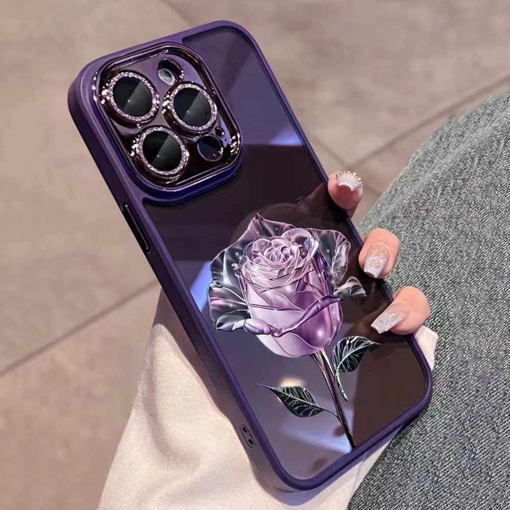 TPU Cover with Lens Film for iPhone 13 Pro Max 6.7 inch Rose Flower Pattern Glitter Camera Ring Phone Case