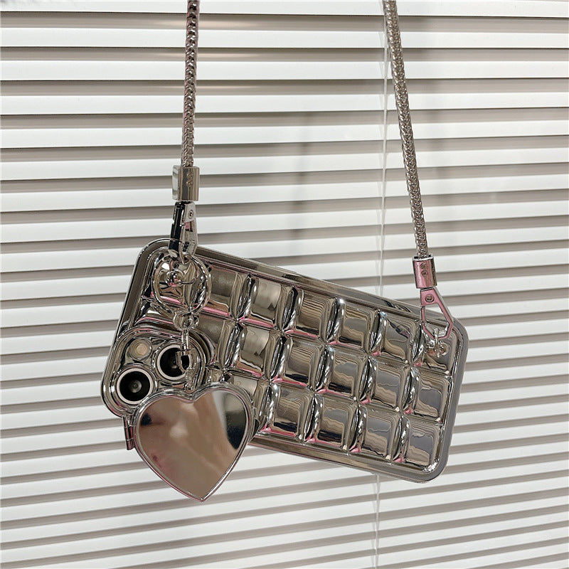 Electroplating Phone Case for iPhone 14 Plus Plaid Design TPU Cover with Heart Shaped Mirror and Chain