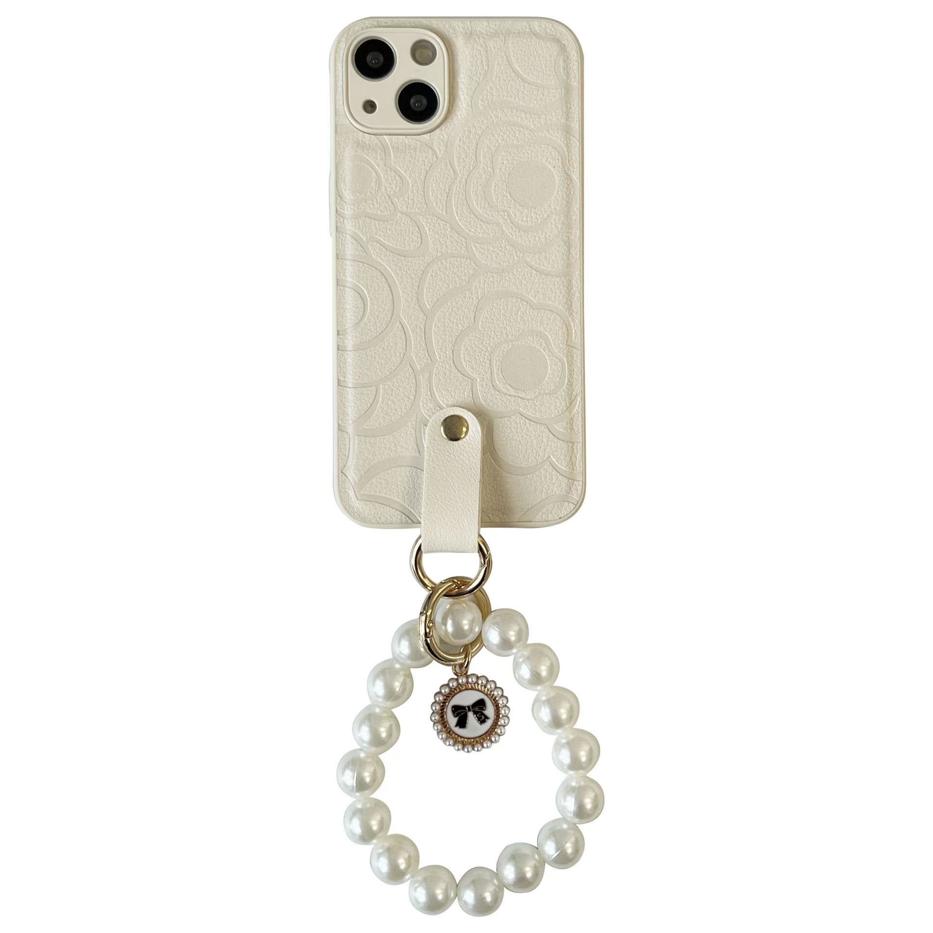 For iPhone 14 Plus Phone Shell TPU PU Leather Cover Camellia Pattern Phone Case with Pearl Chain