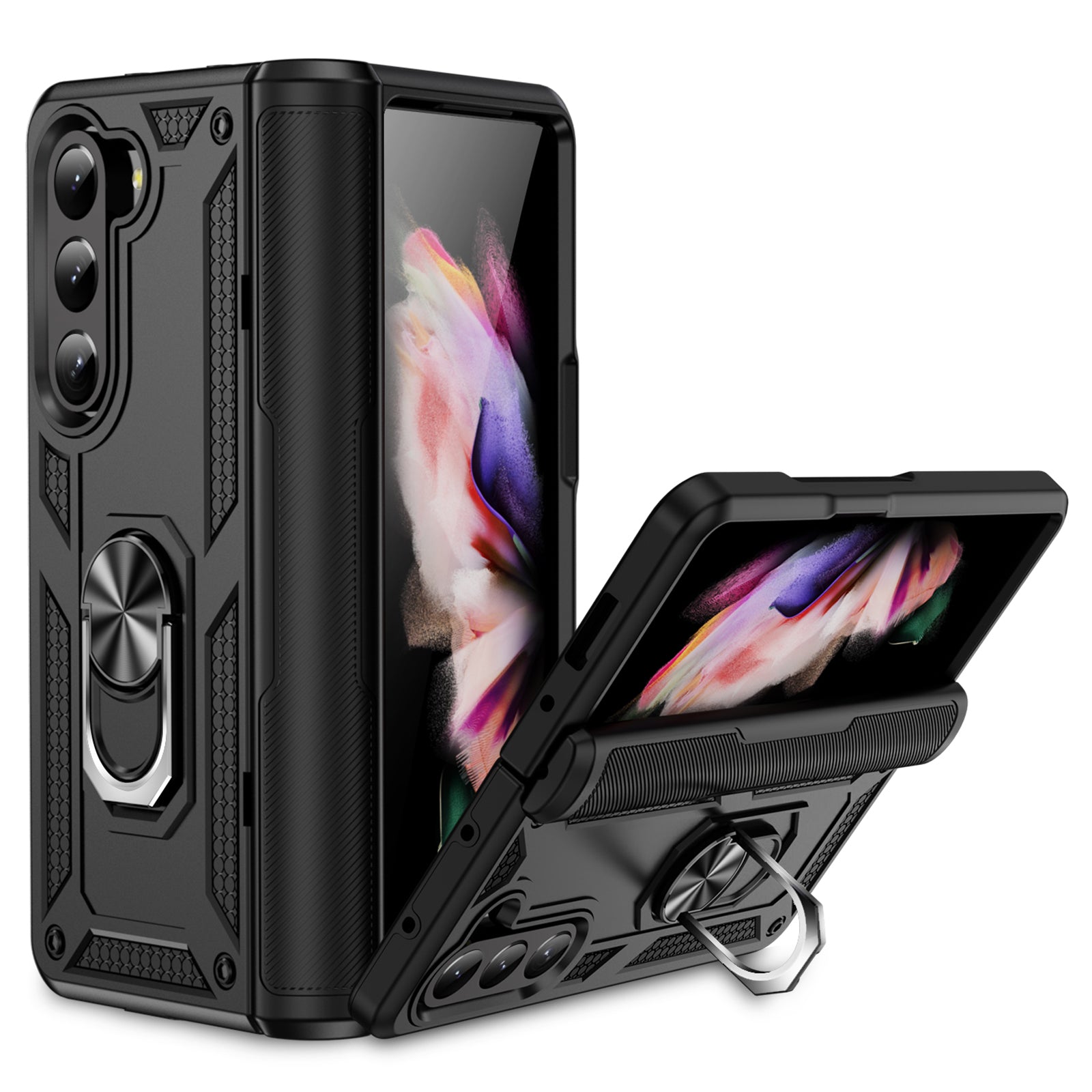 TPU PC Phone Case for Samsung Galaxy Z Fold5 5G Ring Holder Kickstand Cover with Car Mount Metal Sheet