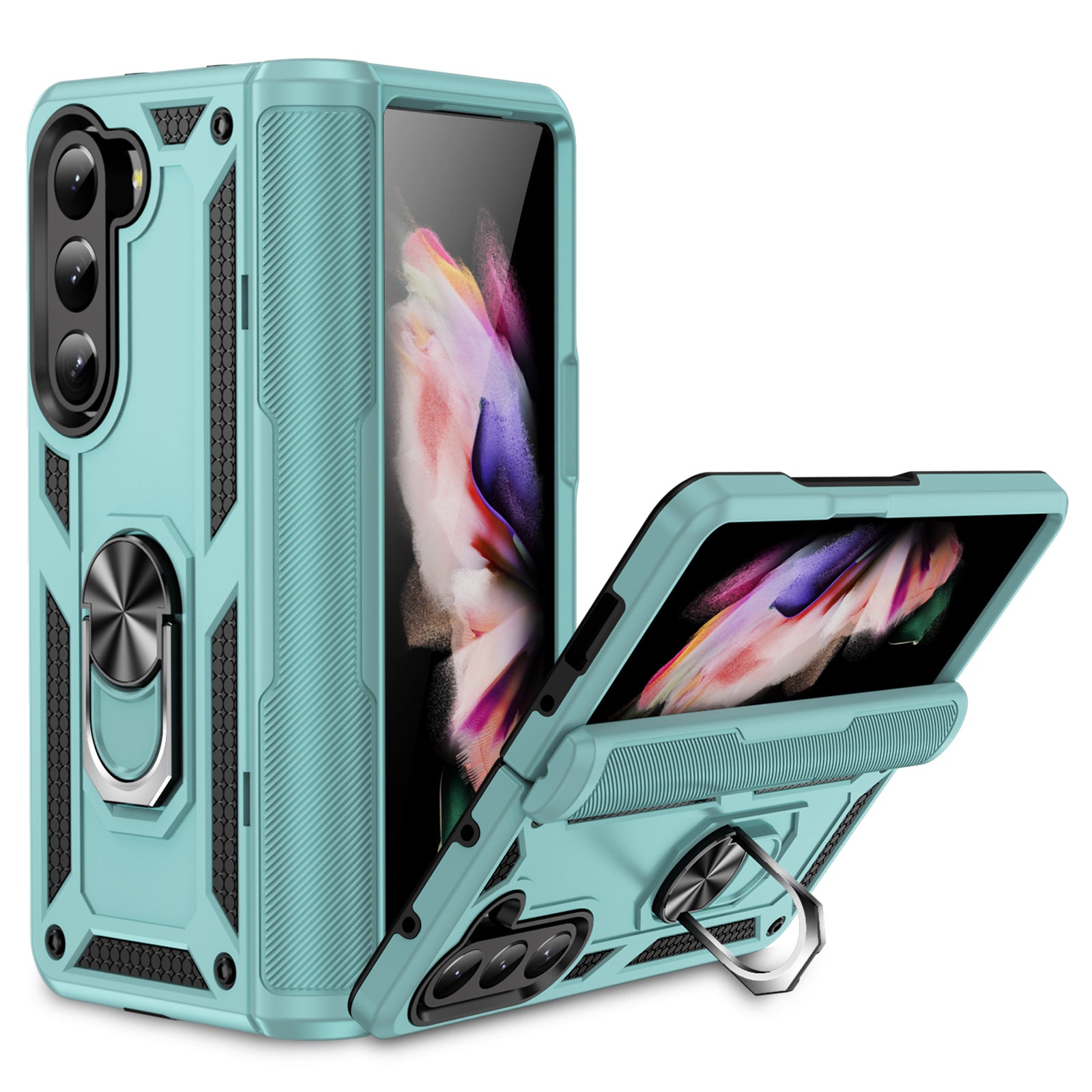 TPU PC Phone Case for Samsung Galaxy Z Fold5 5G Ring Holder Kickstand Cover with Car Mount Metal Sheet
