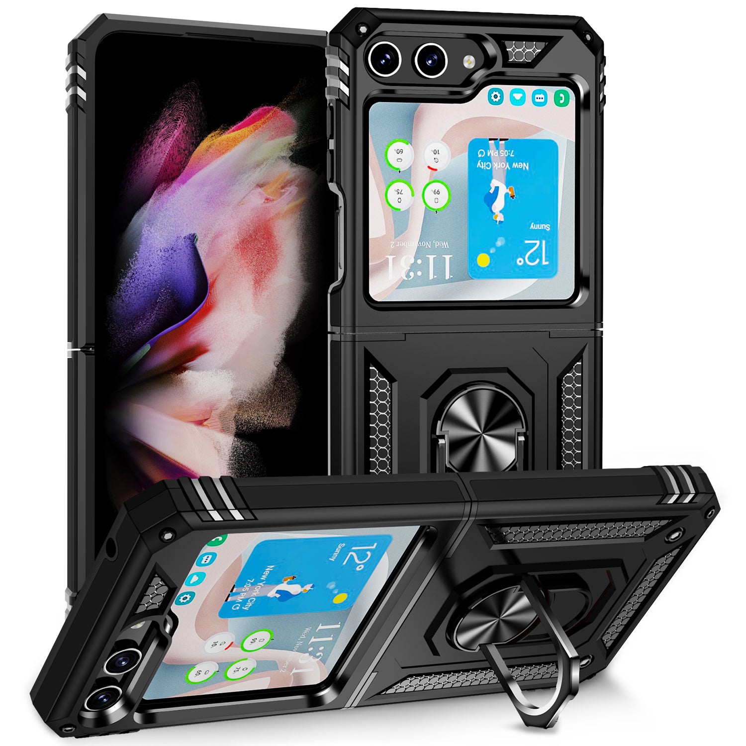 TPU PC Phone Case for Samsung Galaxy Z Flip5 5G Ring Kickstand Anti-fall Cover with Car Mount Metal Sheet
