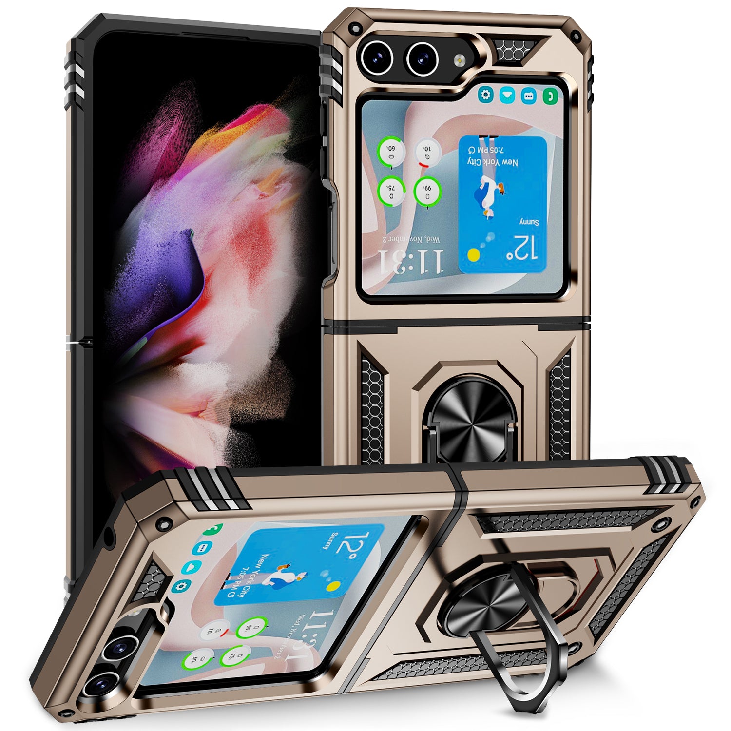 TPU PC Phone Case for Samsung Galaxy Z Flip5 5G Ring Kickstand Anti-fall Cover with Car Mount Metal Sheet