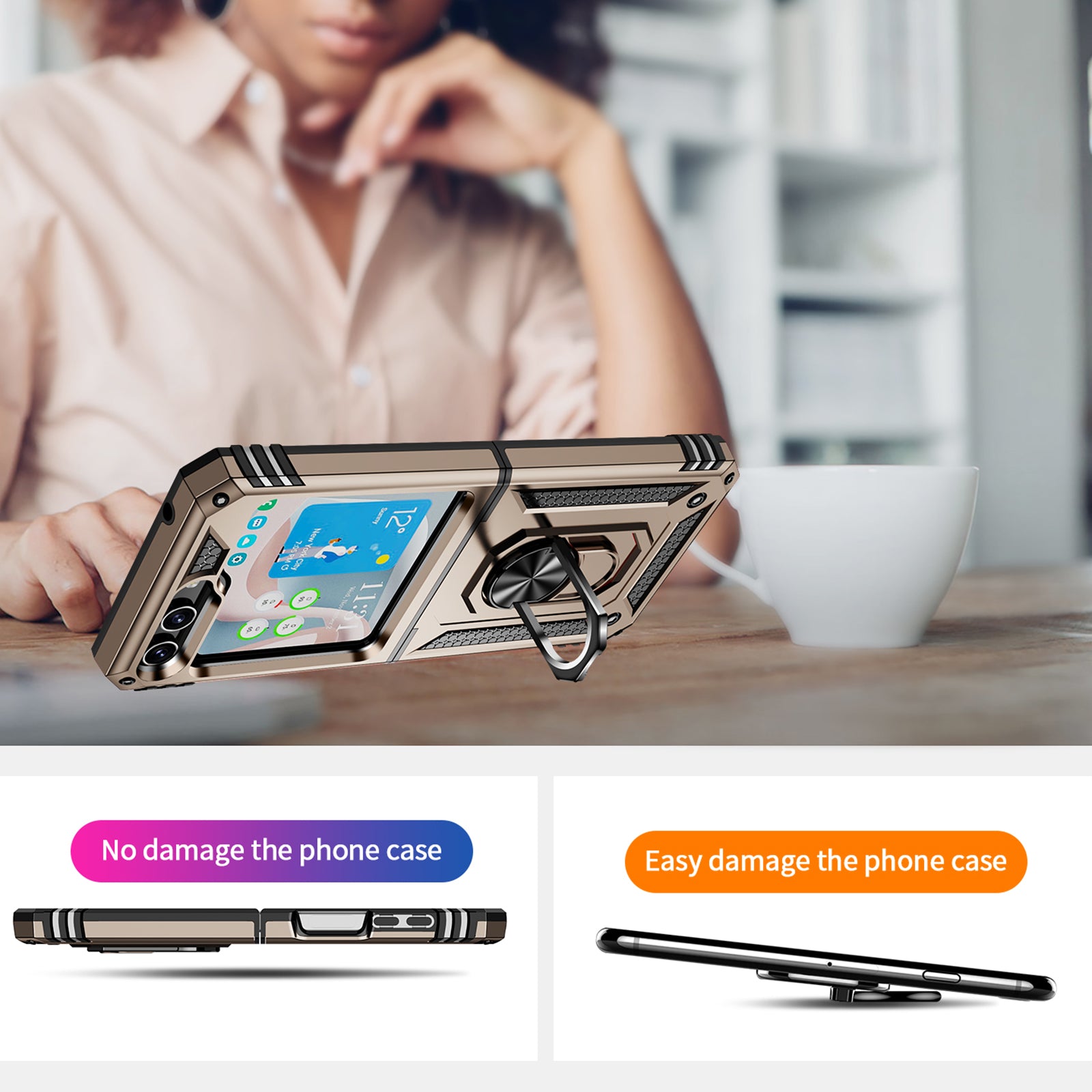 TPU PC Phone Case for Samsung Galaxy Z Flip5 5G Ring Kickstand Anti-fall Cover with Car Mount Metal Sheet