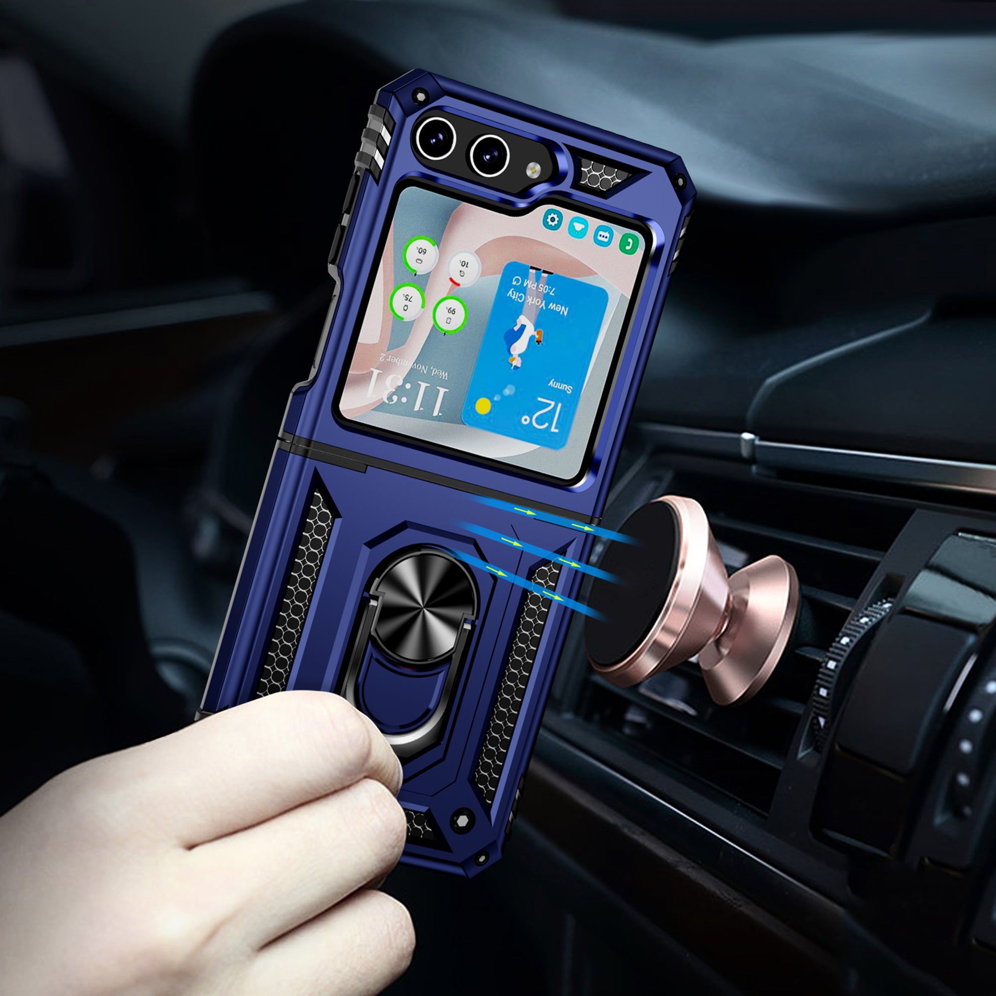 TPU PC Phone Case for Samsung Galaxy Z Flip5 5G Ring Kickstand Anti-fall Cover with Car Mount Metal Sheet