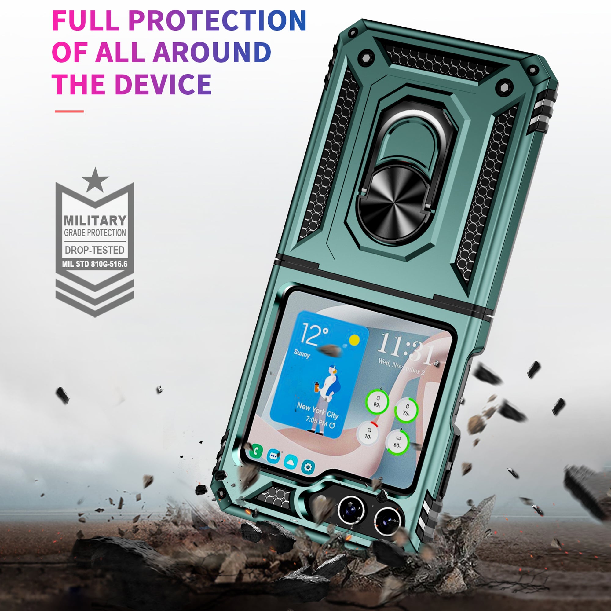 TPU PC Phone Case for Samsung Galaxy Z Flip5 5G Ring Kickstand Anti-fall Cover with Car Mount Metal Sheet