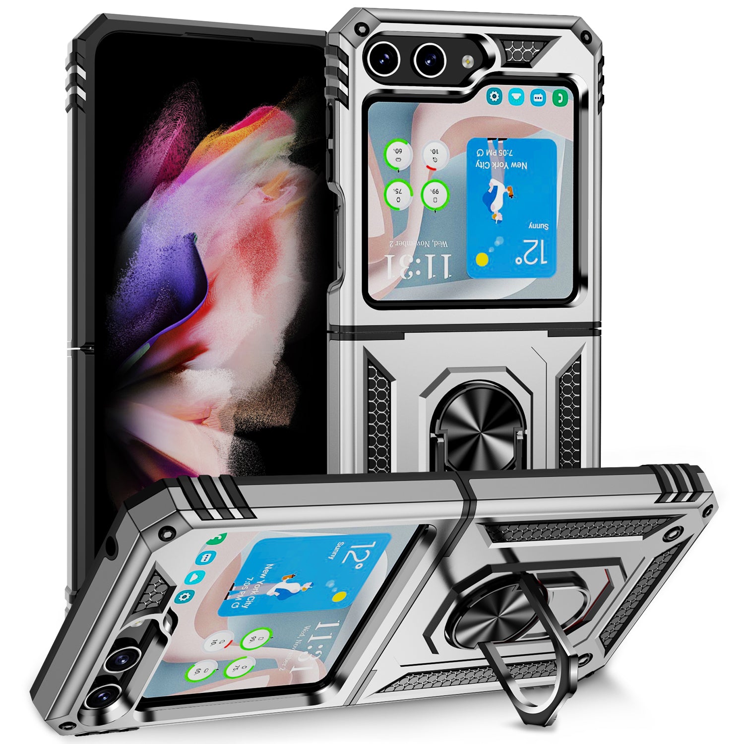 TPU PC Phone Case for Samsung Galaxy Z Flip5 5G Ring Kickstand Anti-fall Cover with Car Mount Metal Sheet