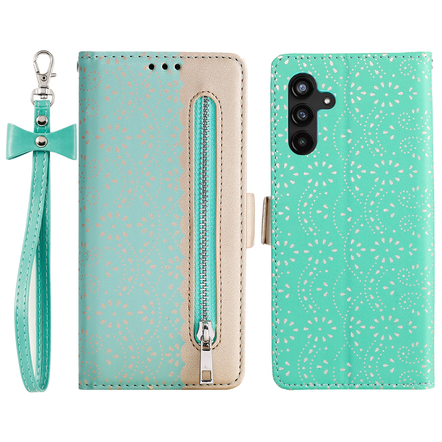 Til Samsung Galaxy A25 5G Blonde Blomstermønster Læder Telefon Case Lynlås Pung Cover med Bowknot håndledsrem