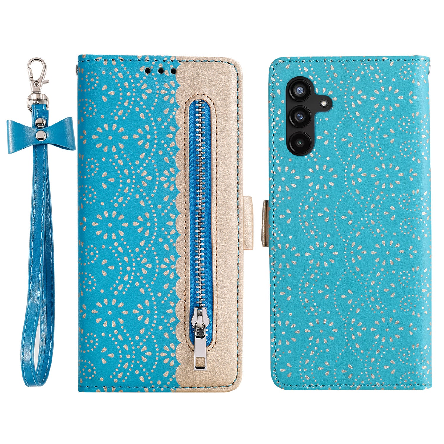 For Samsung Galaxy A25 5G Lace Flower Pattern Leather Phone Case Zipper Wallet Cover with Bowknot Wrist Strap