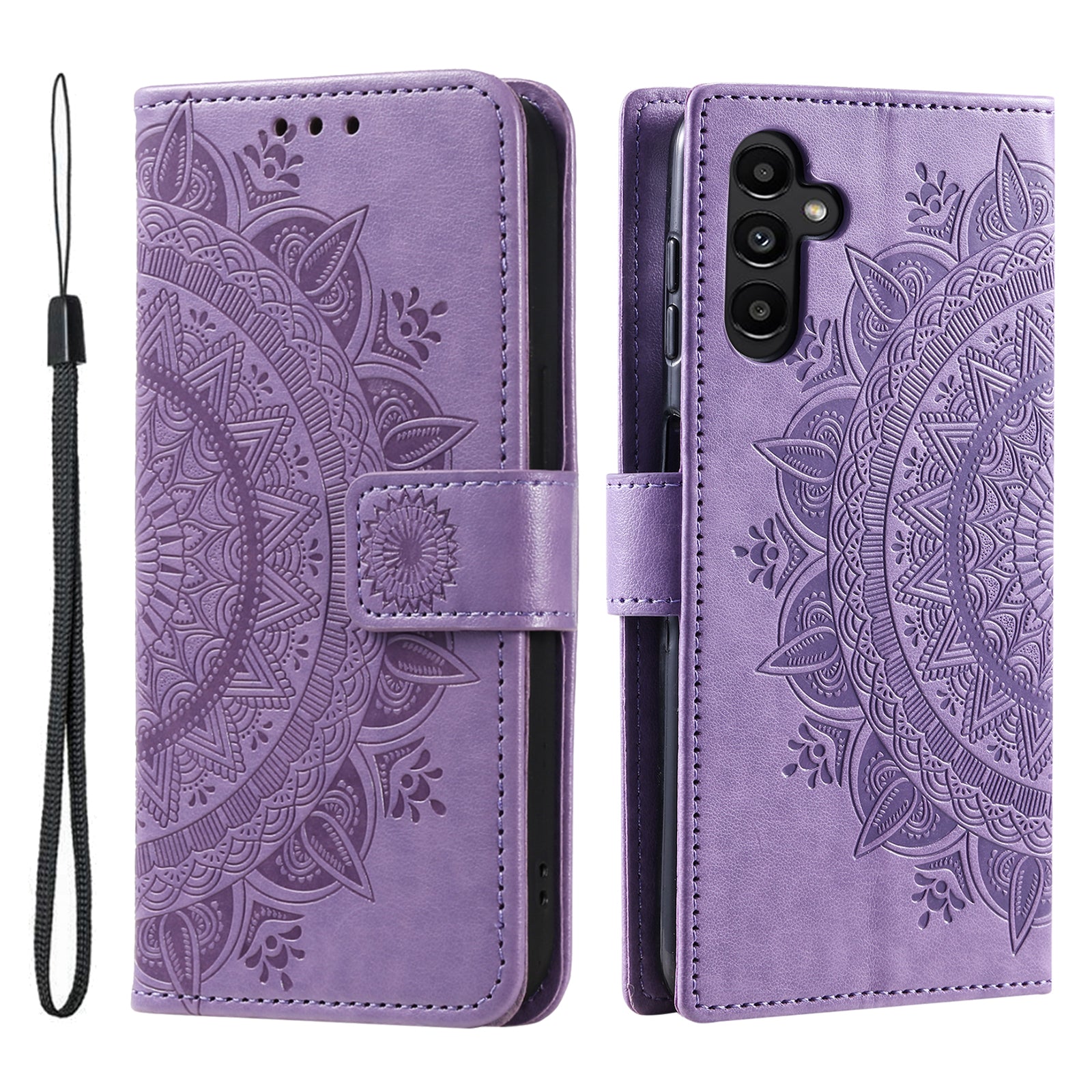 Til Samsung Galaxy A25 5G PU læderstandercover med trykt blomsterpung telefonetui med rem