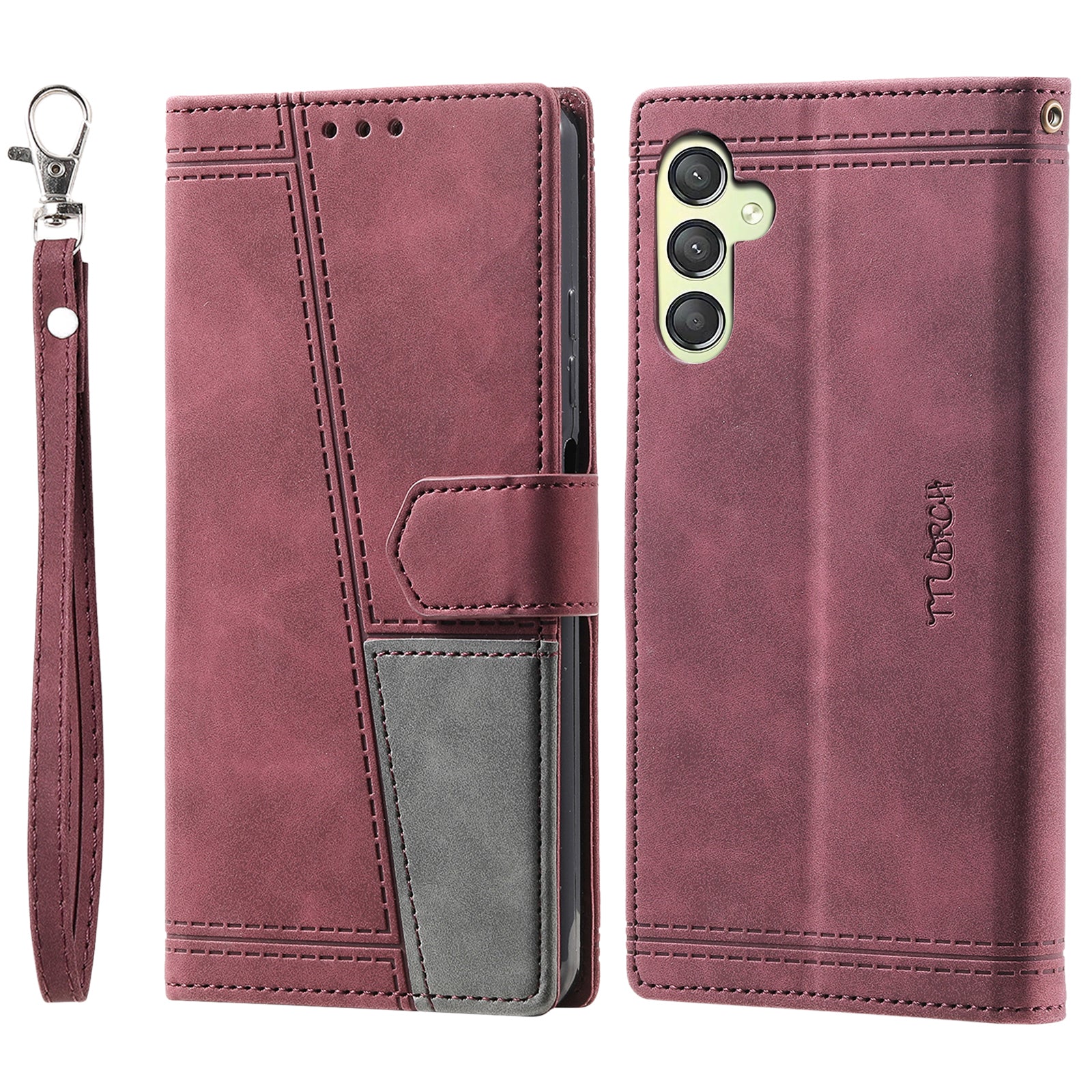TTUDRCH For Samsung Galaxy A25 5G Style 004 Splicing Skin-touch Leather Case RFID Blocking Wallet Stand Cover with Wrist Strap