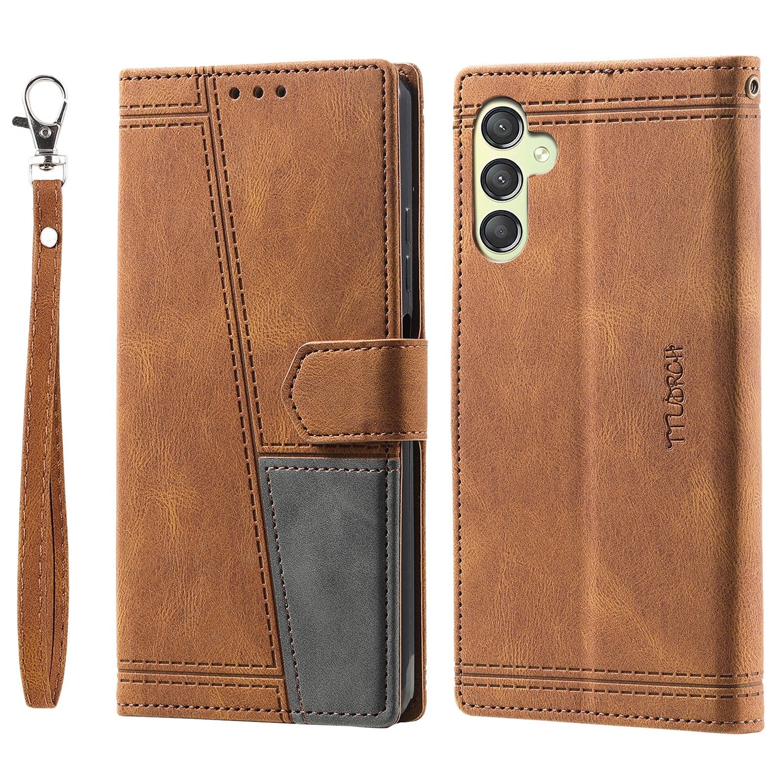 TTUDRCH For Samsung Galaxy A25 5G Style 004 Splicing Skin-touch Leather Case RFID Blocking Wallet Stand Cover with Wrist Strap