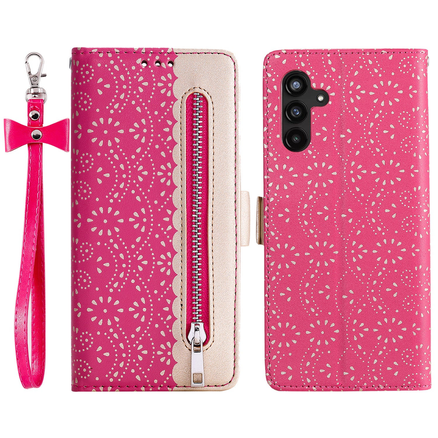 For Samsung Galaxy S23 FE Phone Case Wallet Cover Lace Flower Pattern Leather Shell with Bowknot Wrist Strap
