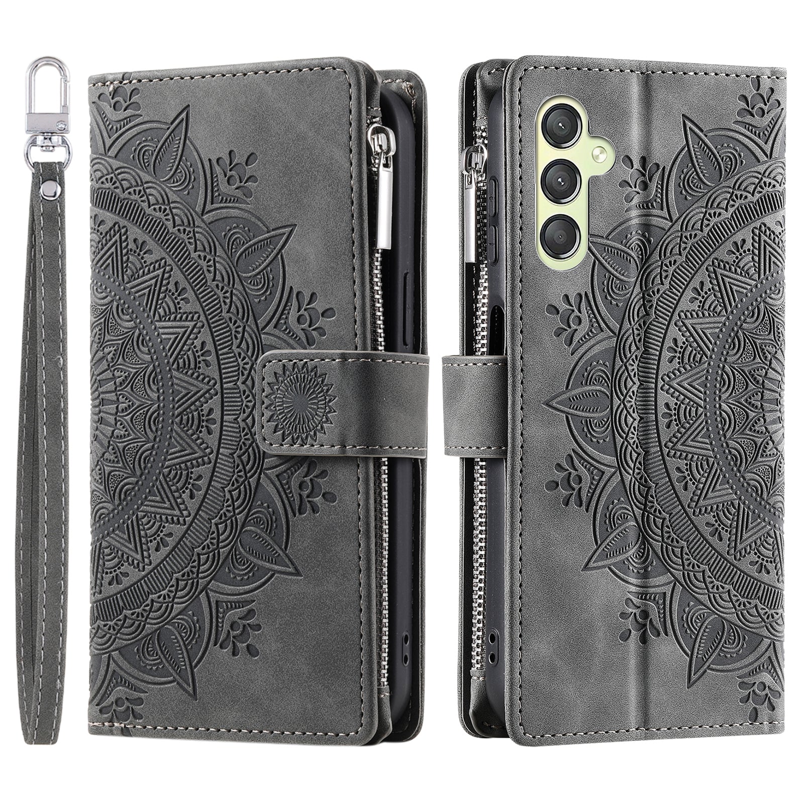 Phone Case for Samsung Galaxy S23 FE Wallet PU Leather Stand Shell Multiple Card Slots Imprinted Cover with Strap