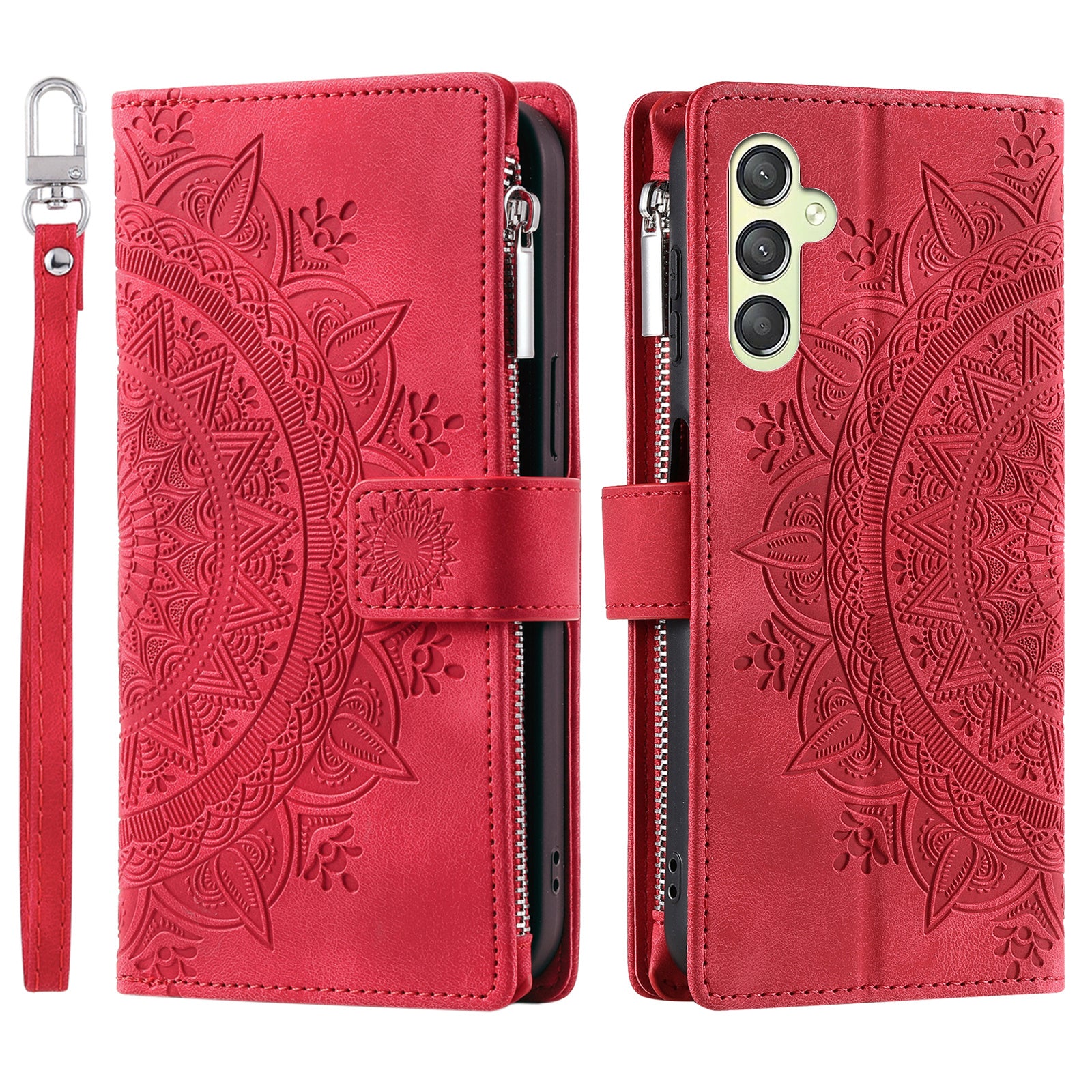 Phone Case for Samsung Galaxy S23 FE Wallet PU Leather Stand Shell Multiple Card Slots Imprinted Cover with Strap