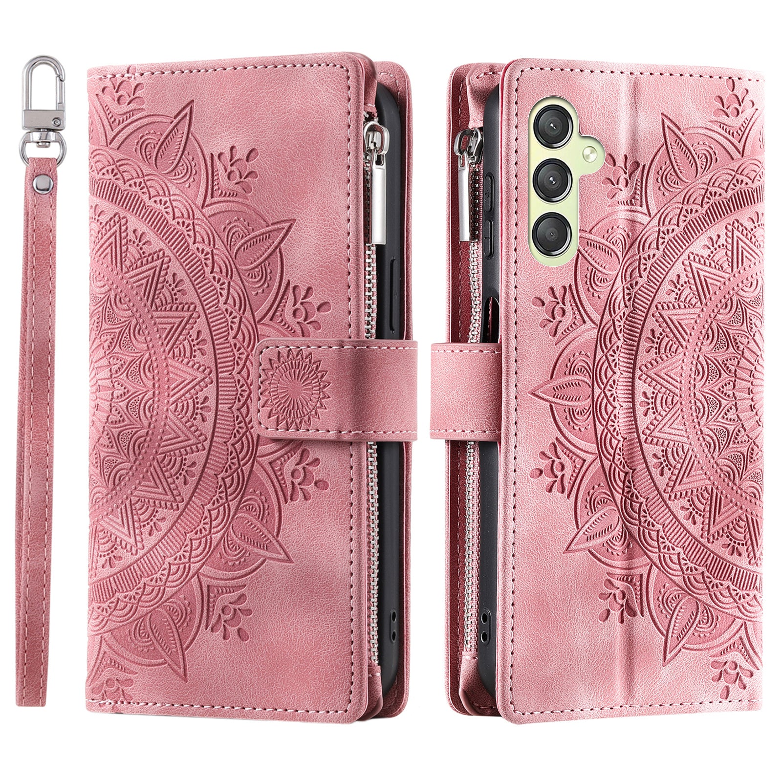 Phone Case for Samsung Galaxy S23 FE Wallet PU Leather Stand Shell Multiple Card Slots Imprinted Cover with Strap