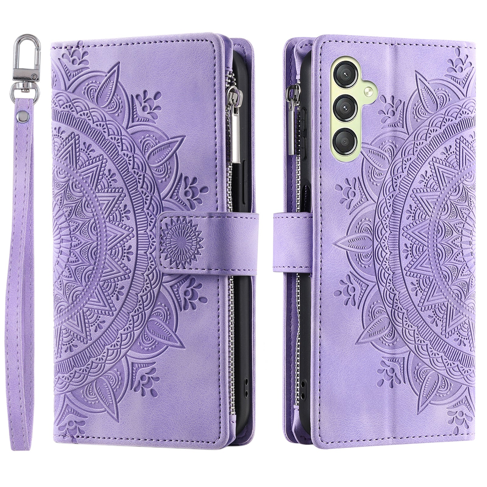Phone Case for Samsung Galaxy S23 FE Wallet PU Leather Stand Shell Multiple Card Slots Imprinted Cover with Strap